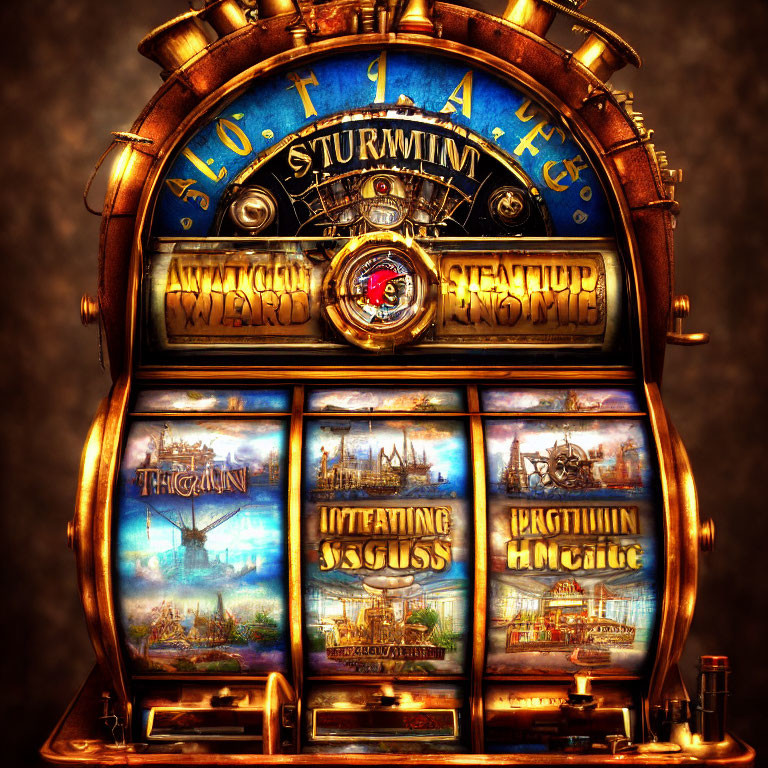 Vintage Slot Machine with Fantasy-Themed Graphics and Golden Lettering