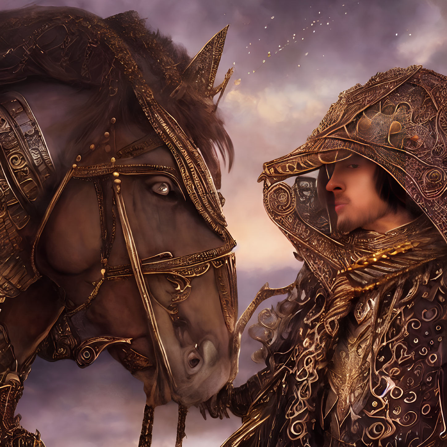 Elaborate golden armor person connects with adorned horse at twilight