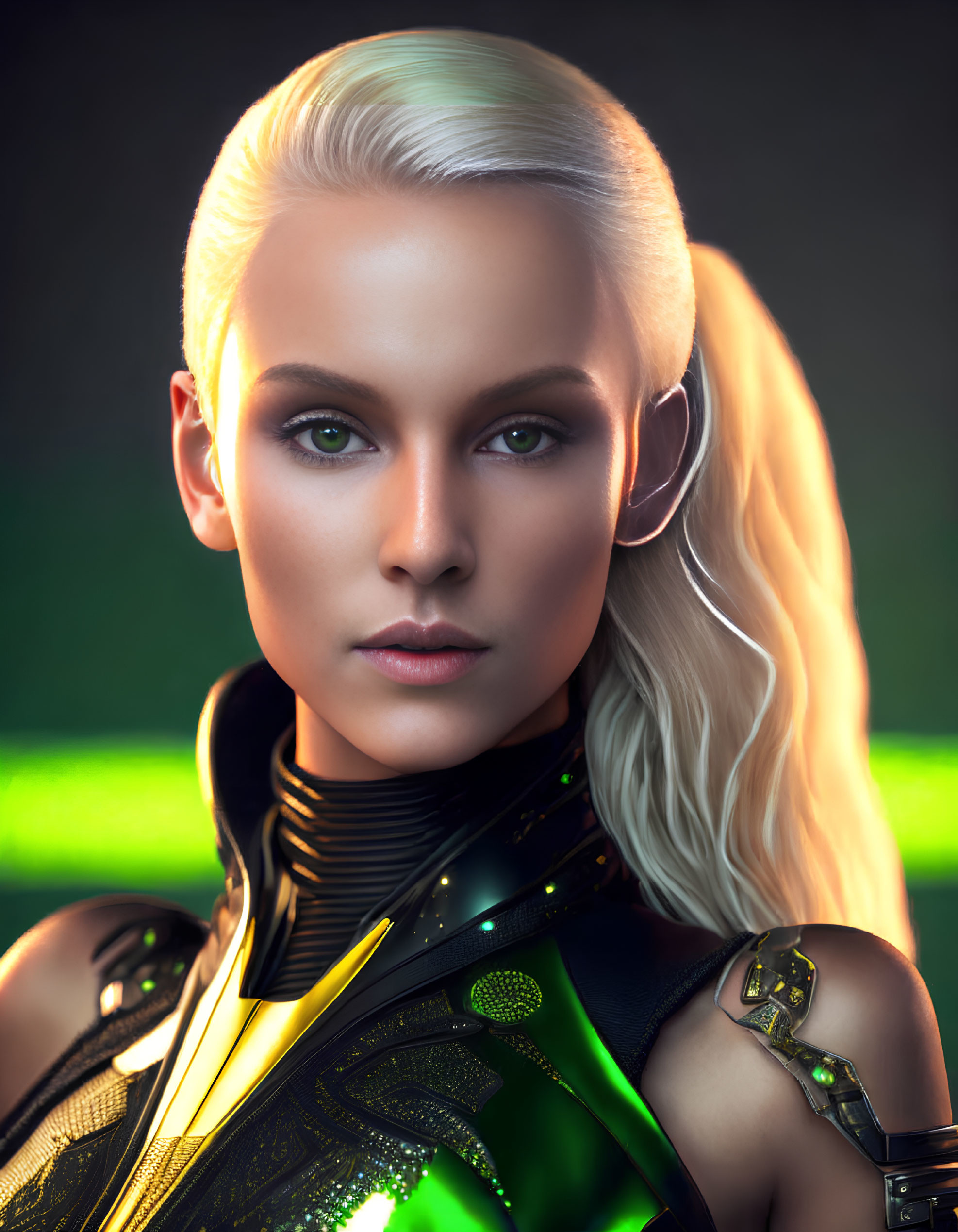 Futuristic digital art: Woman with platinum blonde hair in neon green lights