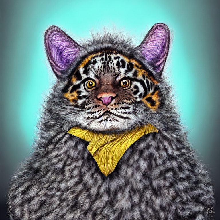 Anthropomorphic leopard illustration with purple ears and yellow bandana