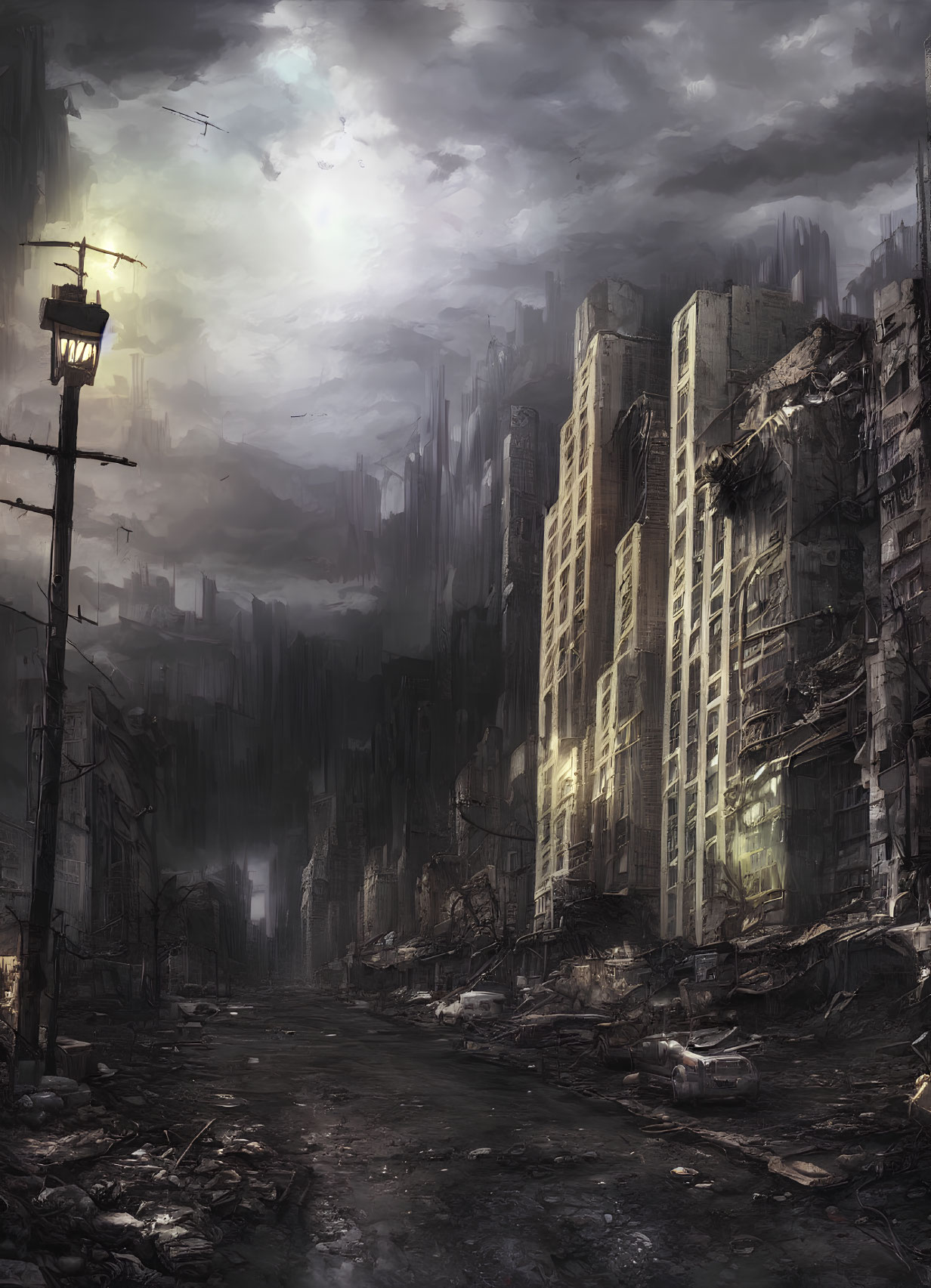 Desolate post-apocalyptic cityscape with dimly lit streetlamp