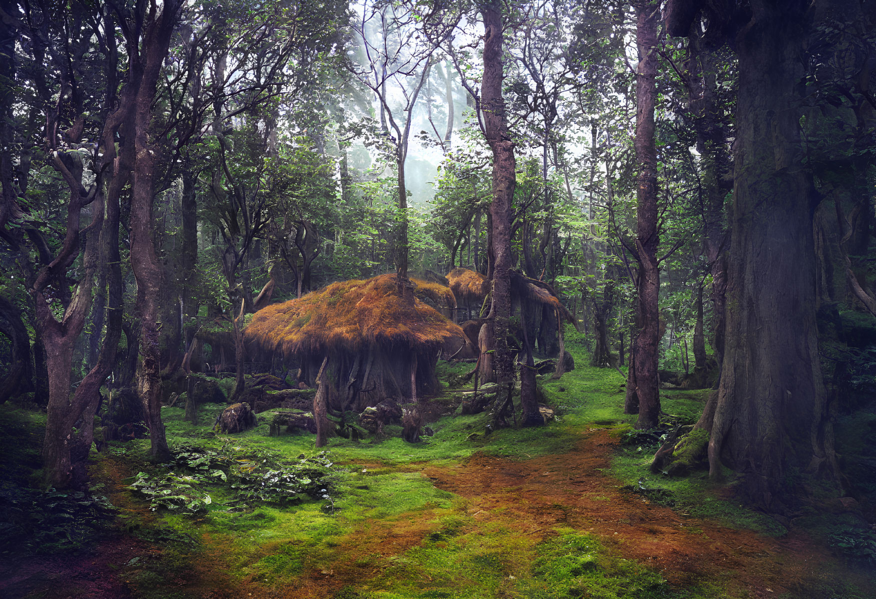 Enchanting forest with dense trees, mossy floor, and foggy atmosphere