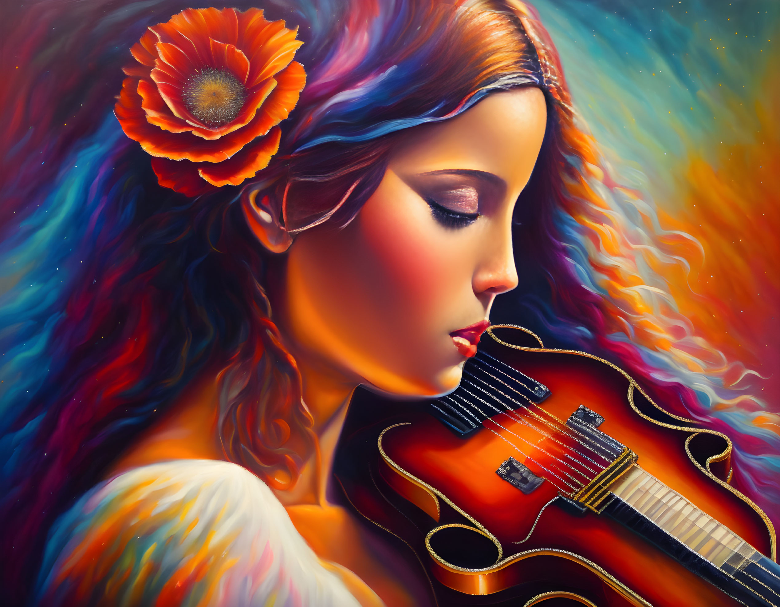 Colorful painting of woman with flowing hair holding a violin and flower.
