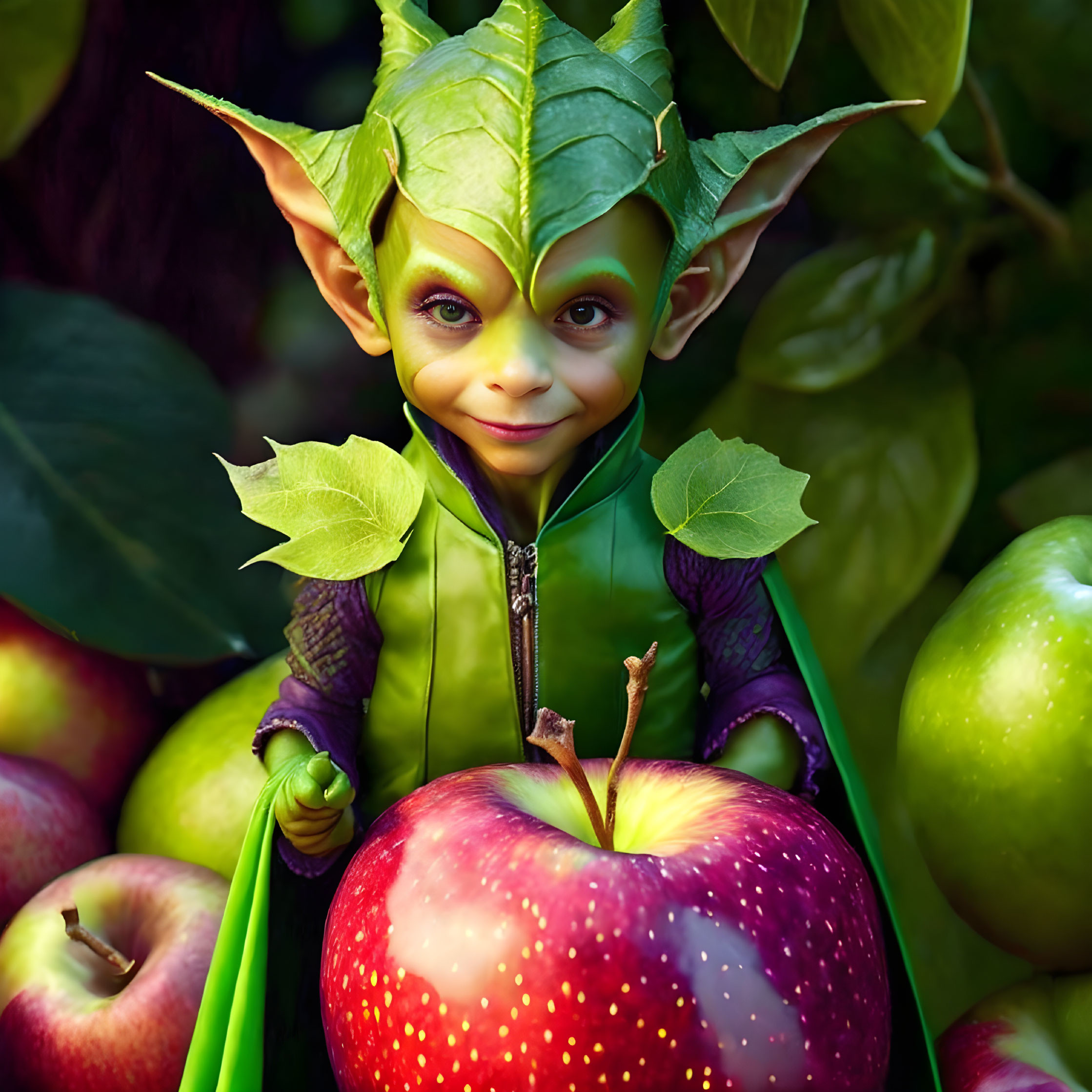 Green elf with apple in whimsical illustration