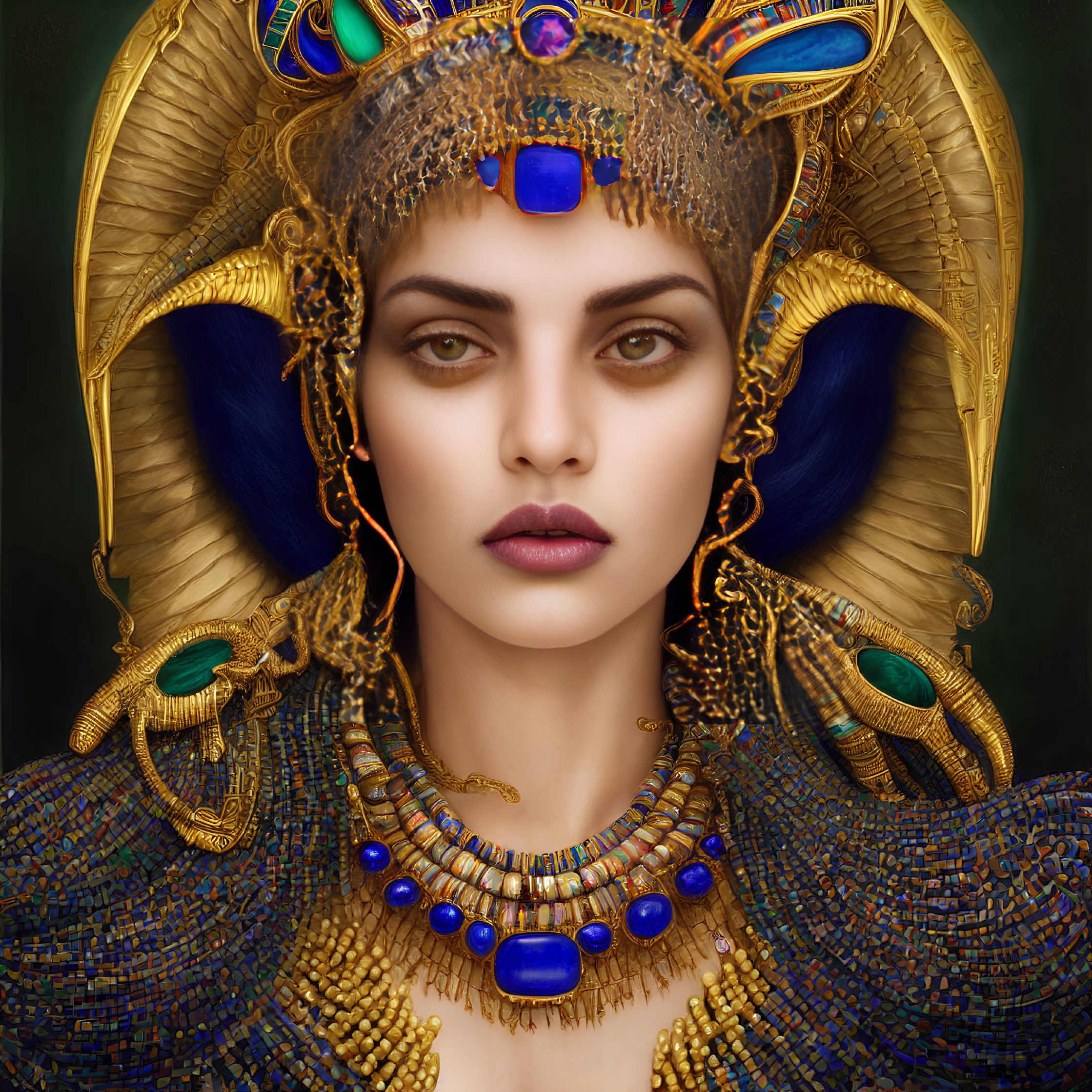 Digital artwork: Woman as Egyptian pharaoh with golden headdress and ornate jewelry