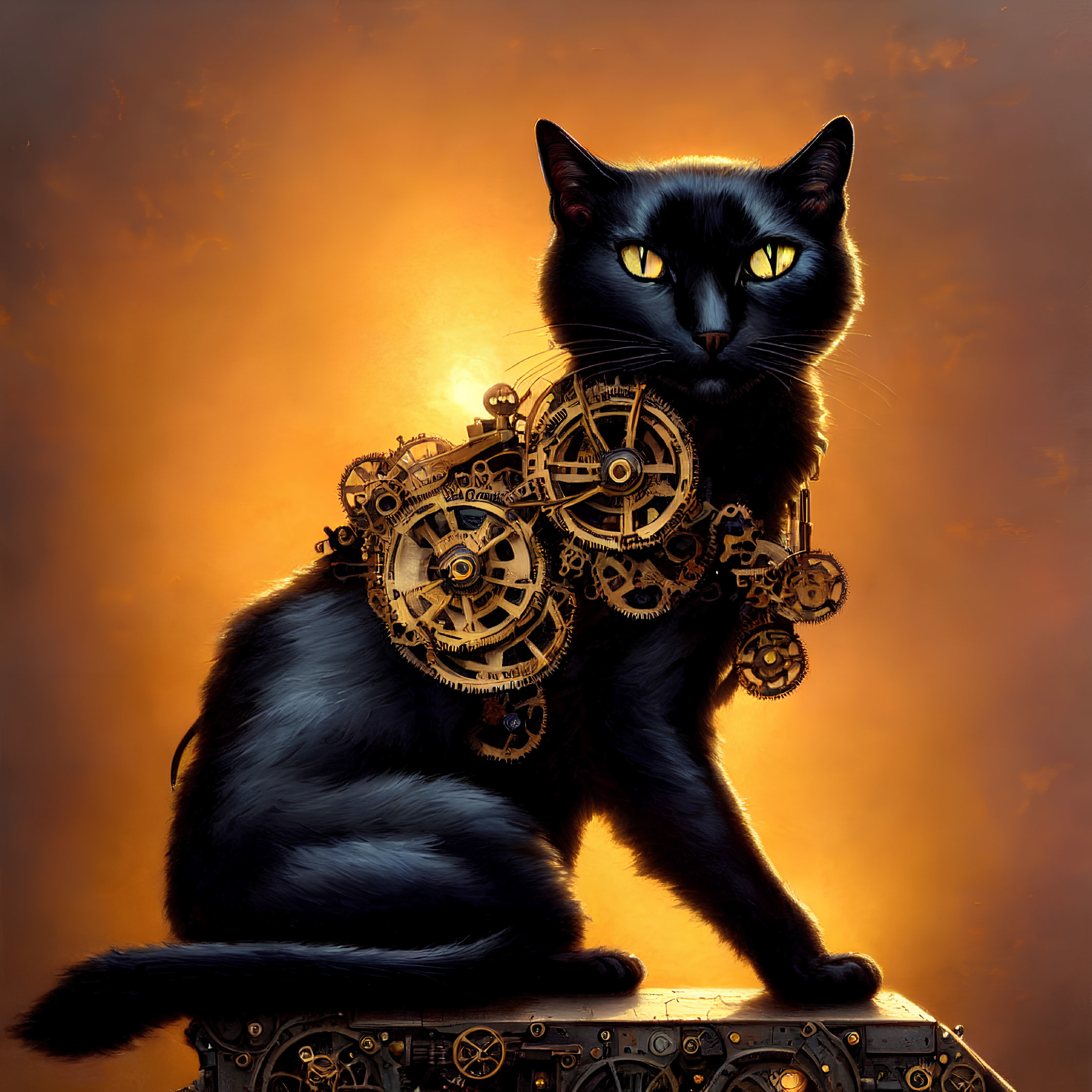 Black Cat with Steampunk Gears and Yellow Eyes on Orange Background