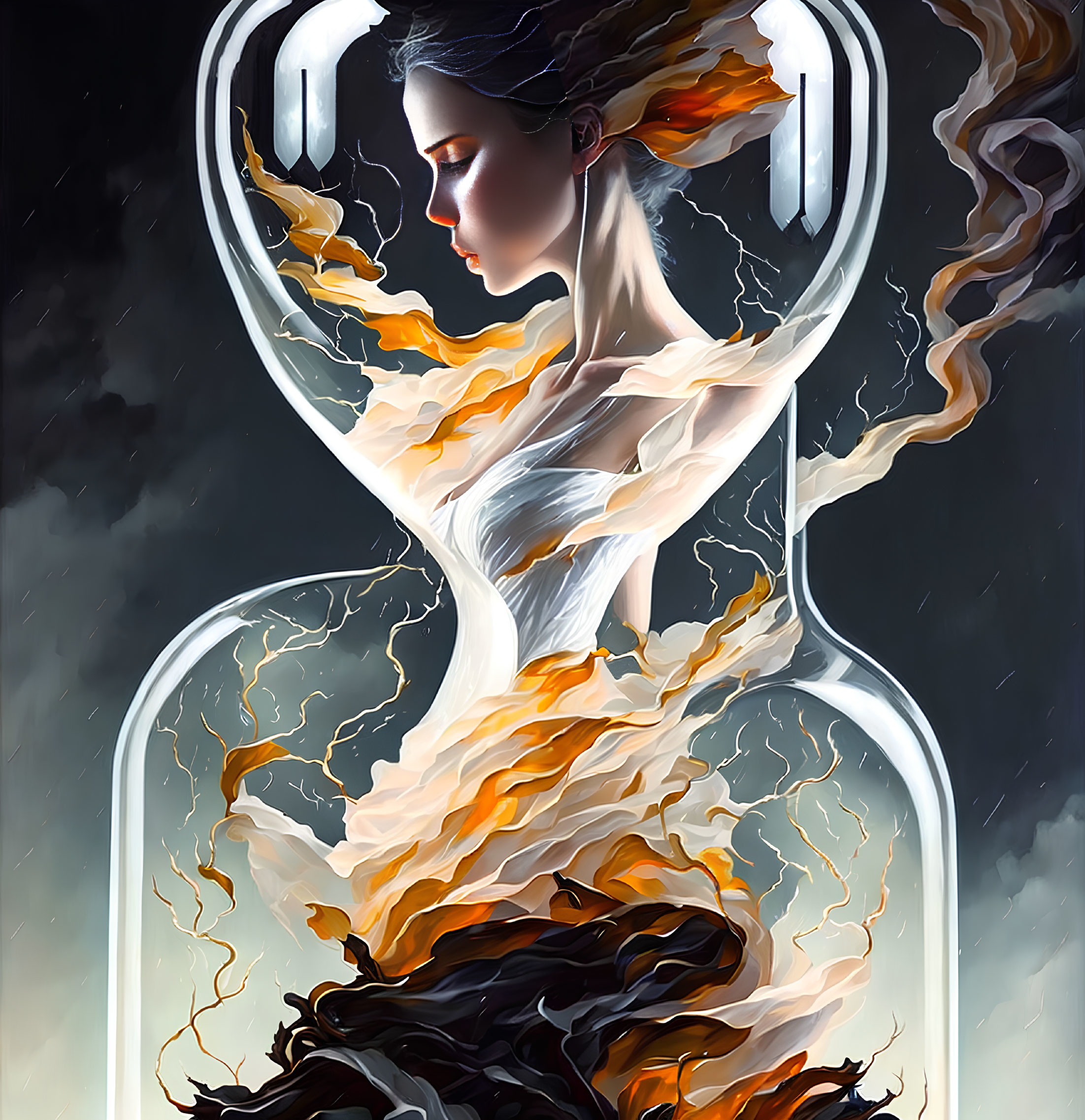 Stylized artwork woman with flowing hair and dress blending with hourglass symbolizing time and change