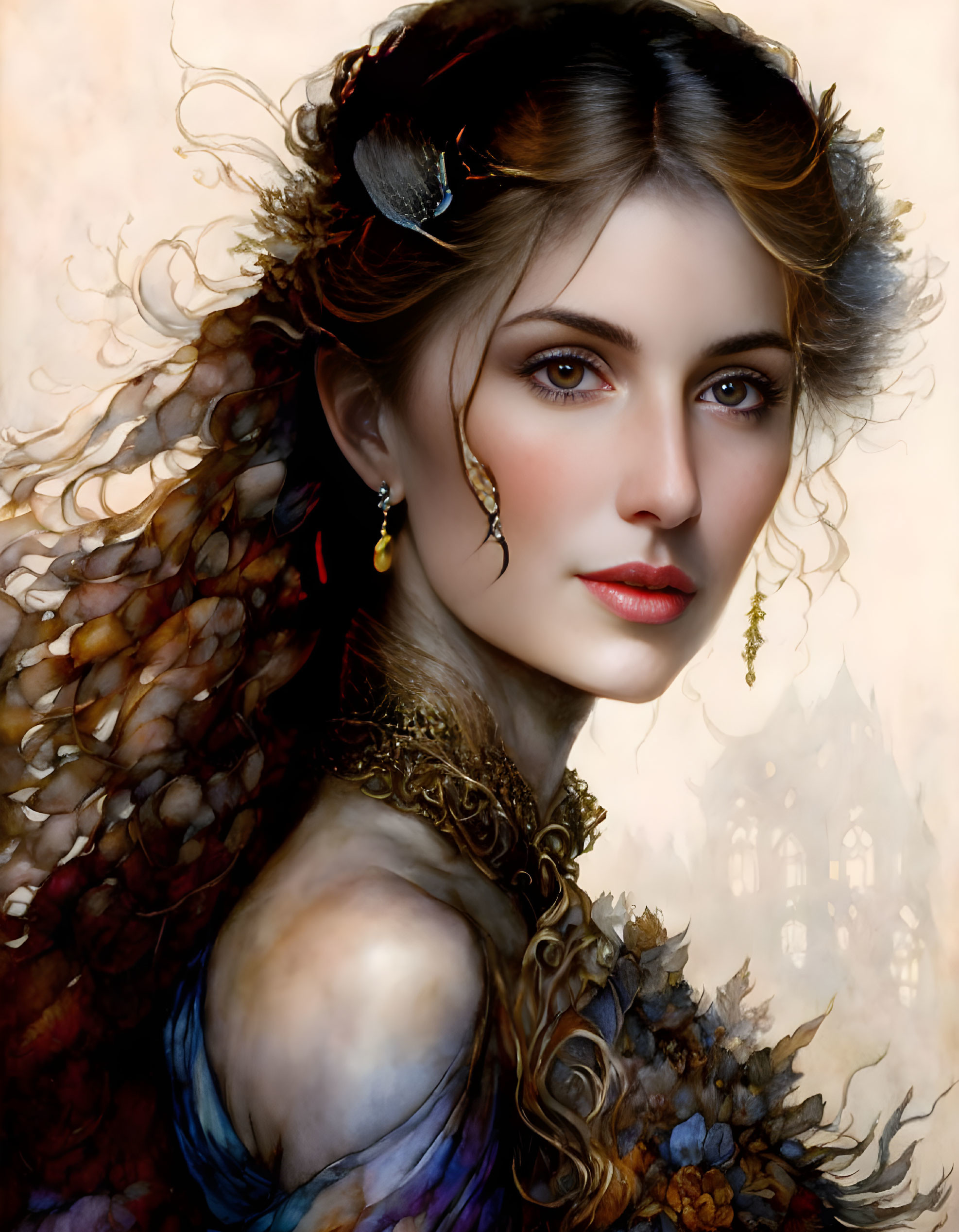 Detailed Fantasy Attire Woman with Feathers and Leaves