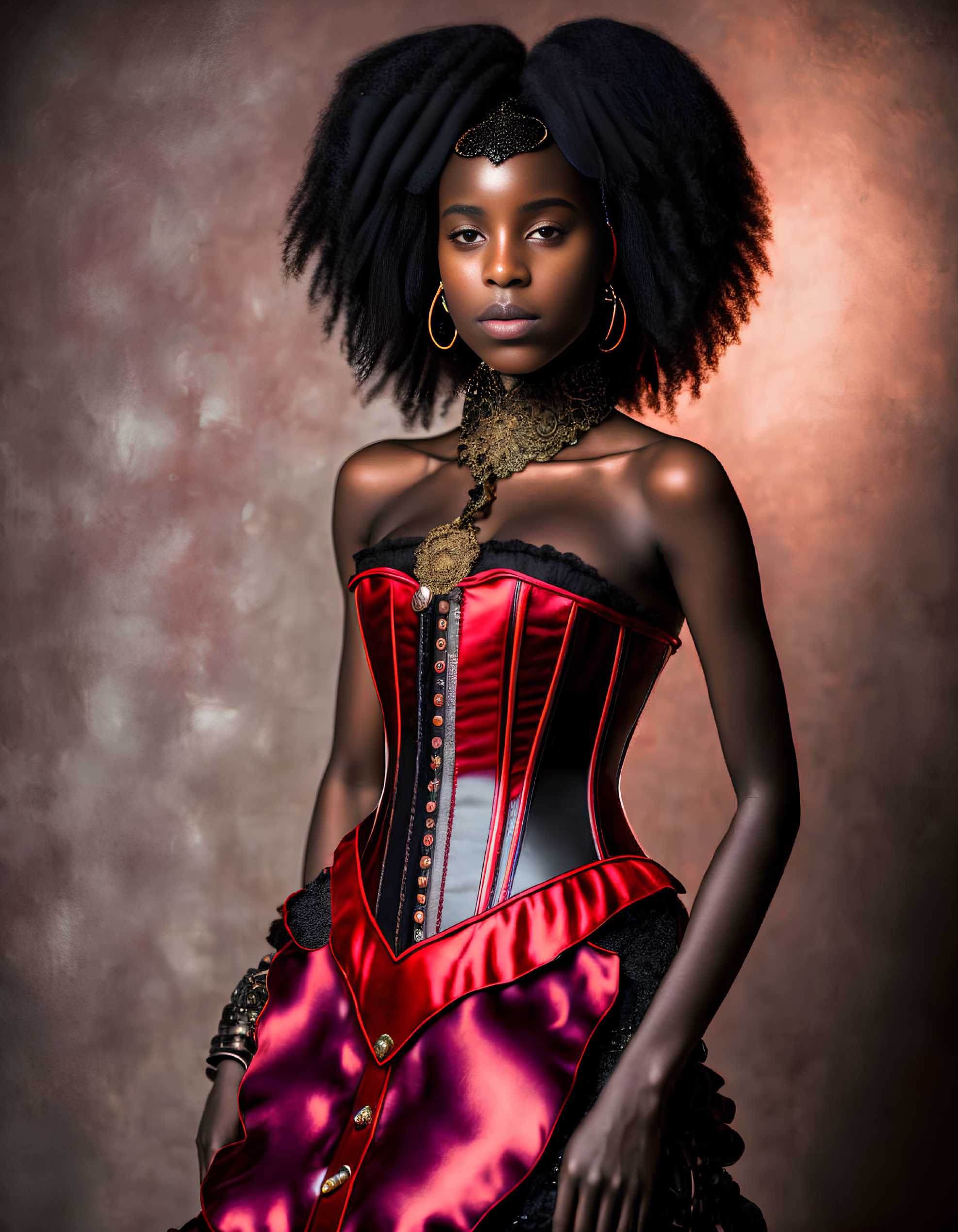 Woman in Red and Black Corset Dress with Voluminous Hair and Gold Jewelry
