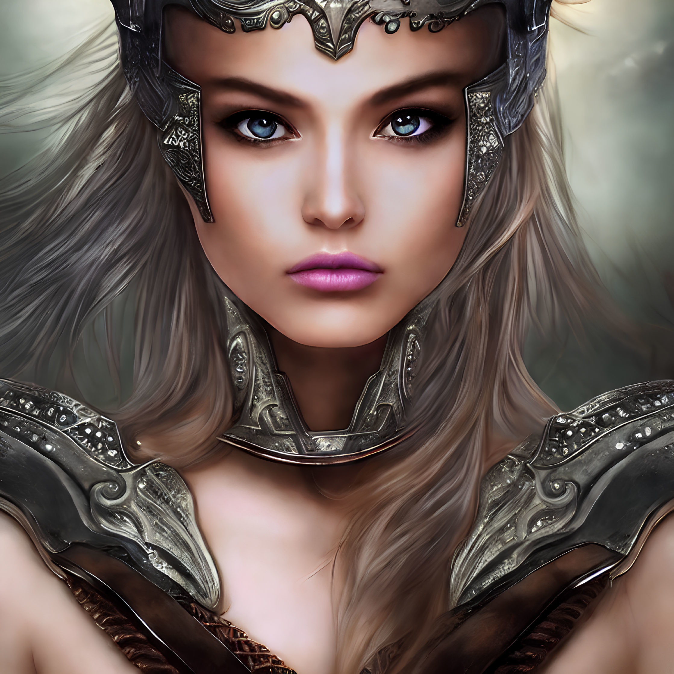 Female warrior portrait: blue-eyed, metal helmet, armor, flowing hair
