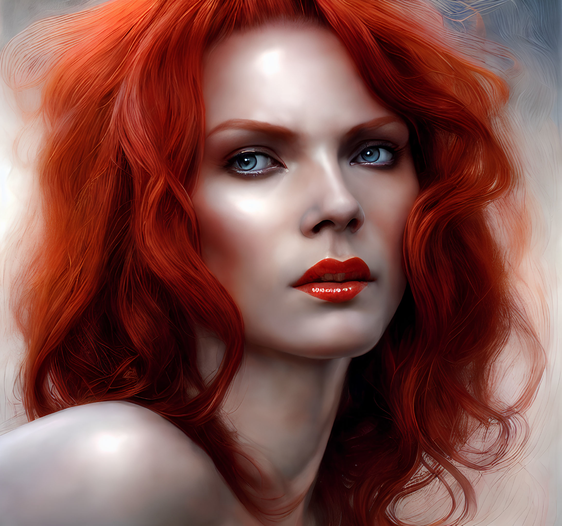 Striking red-haired woman with intense blue eyes in digital portrait