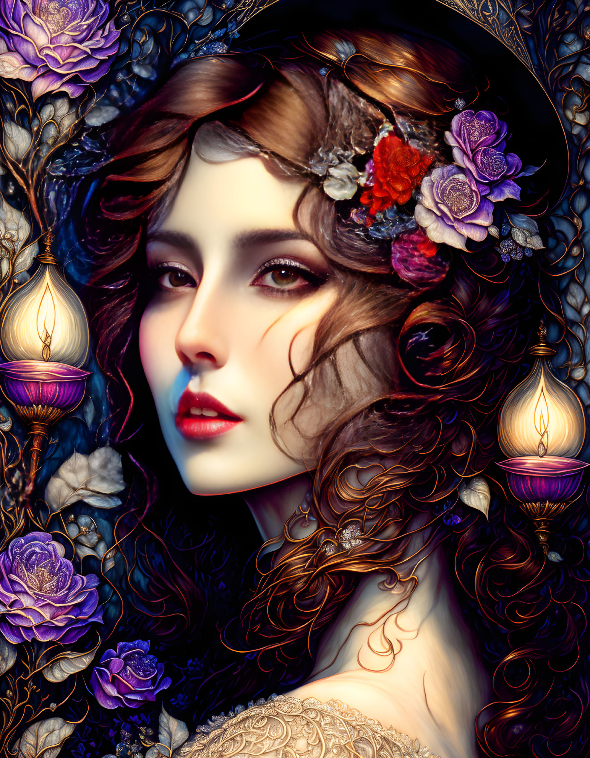 Detailed portrait of a woman with wavy hair and flowers, surrounded by purple roses and lanterns