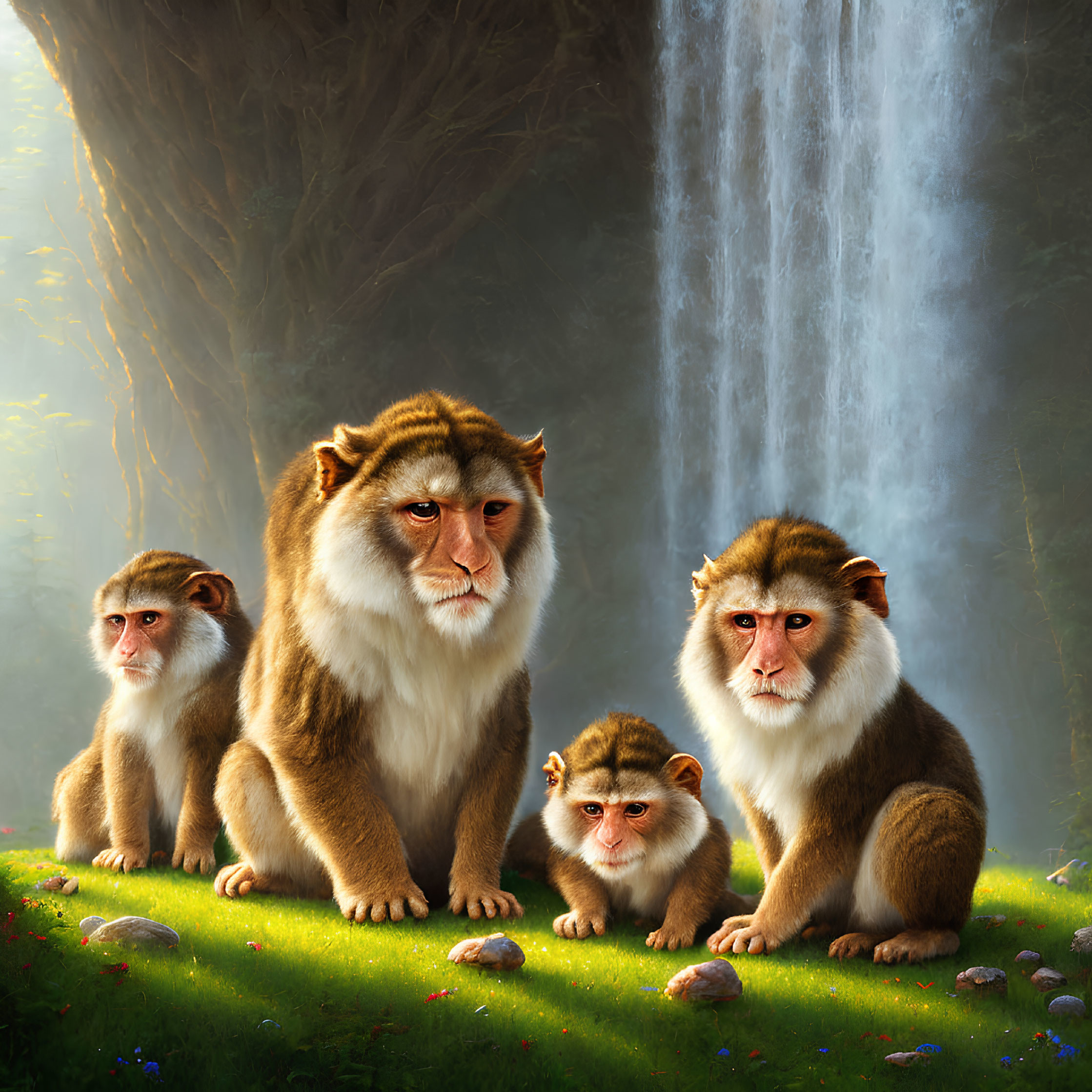 Anthropomorphic monkey family by waterfall in lush setting