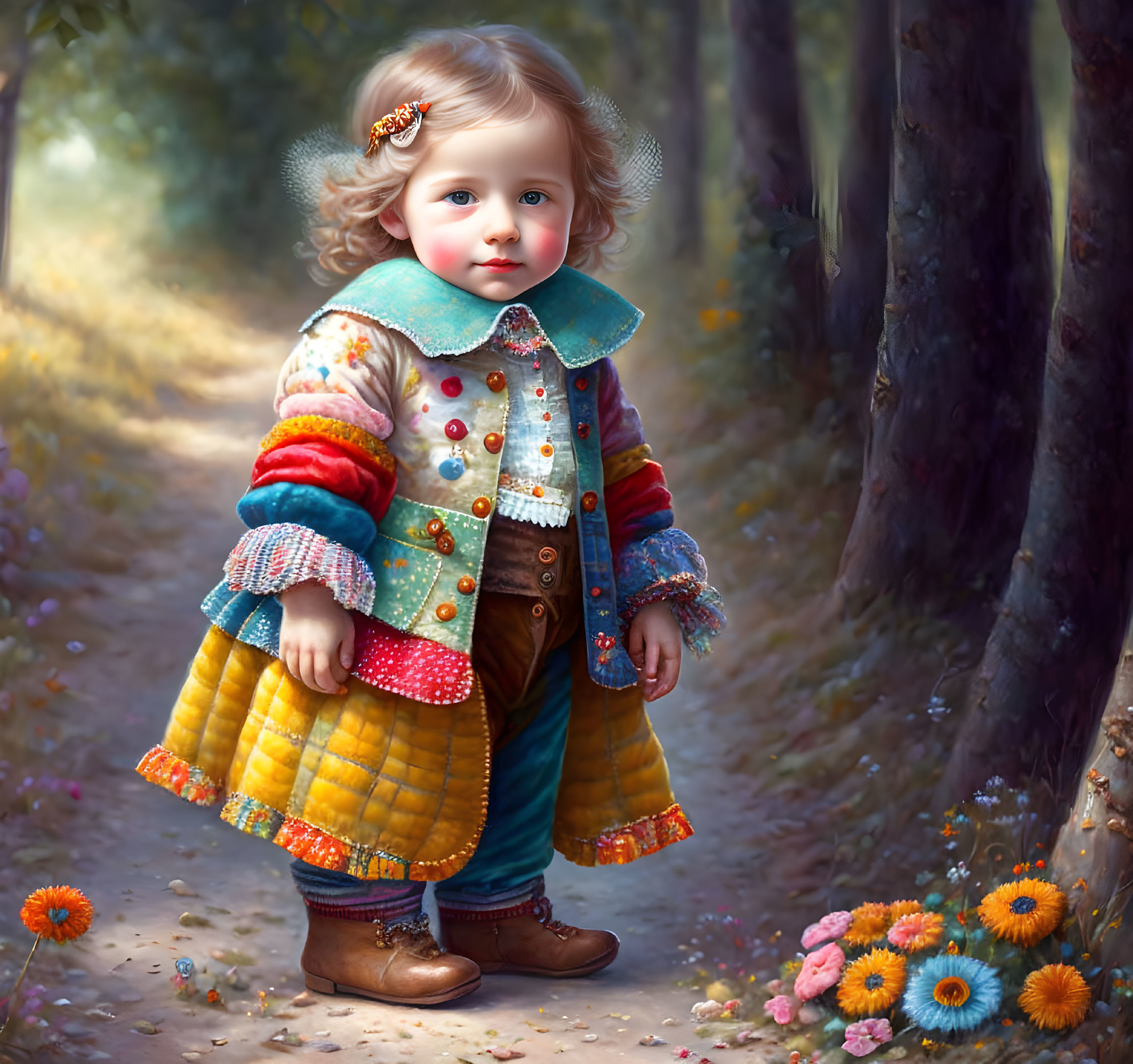 Colorful Outfit Child in Sunlit Forest Path with Flowers