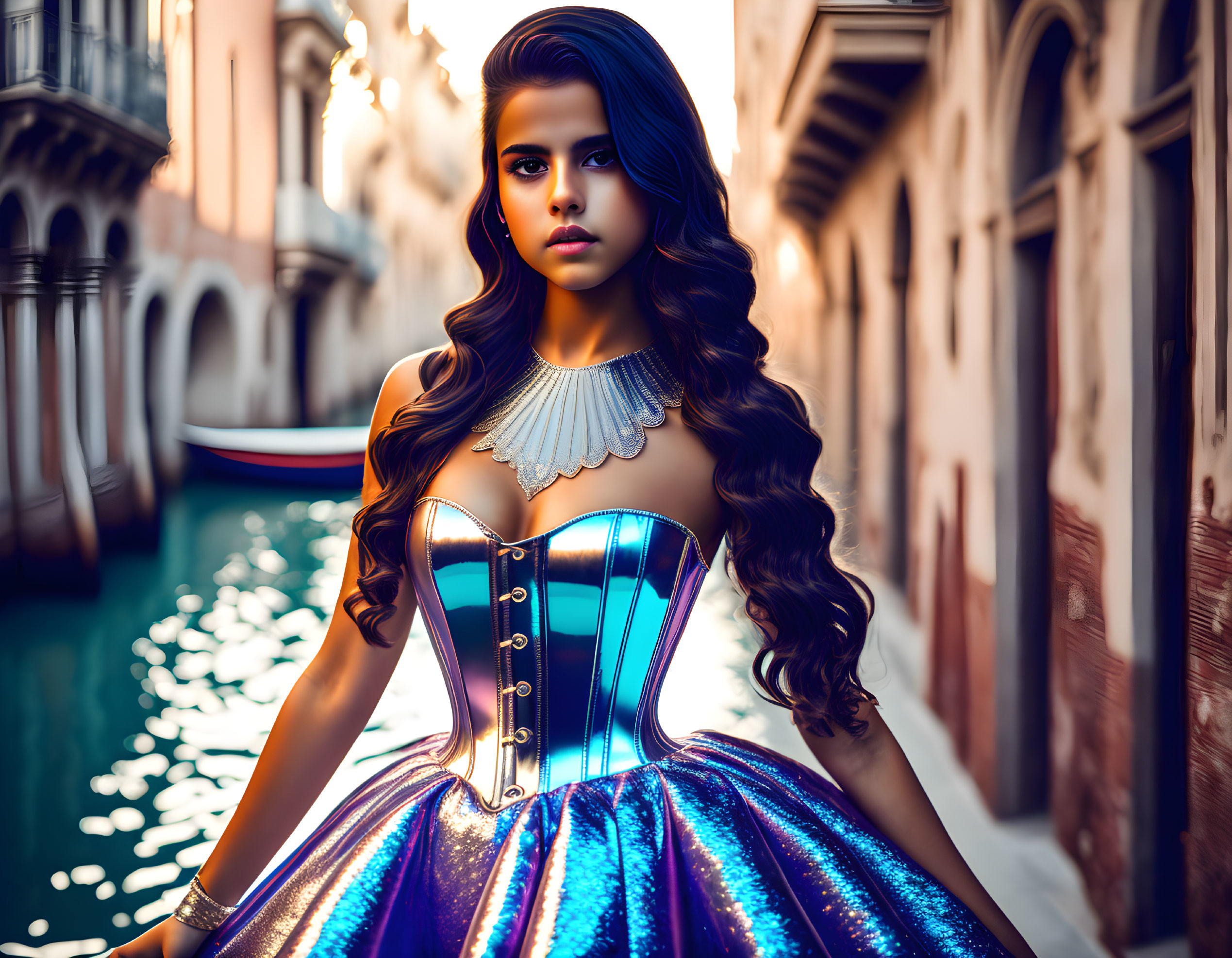Elegant young woman in vibrant blue corset dress by picturesque canal