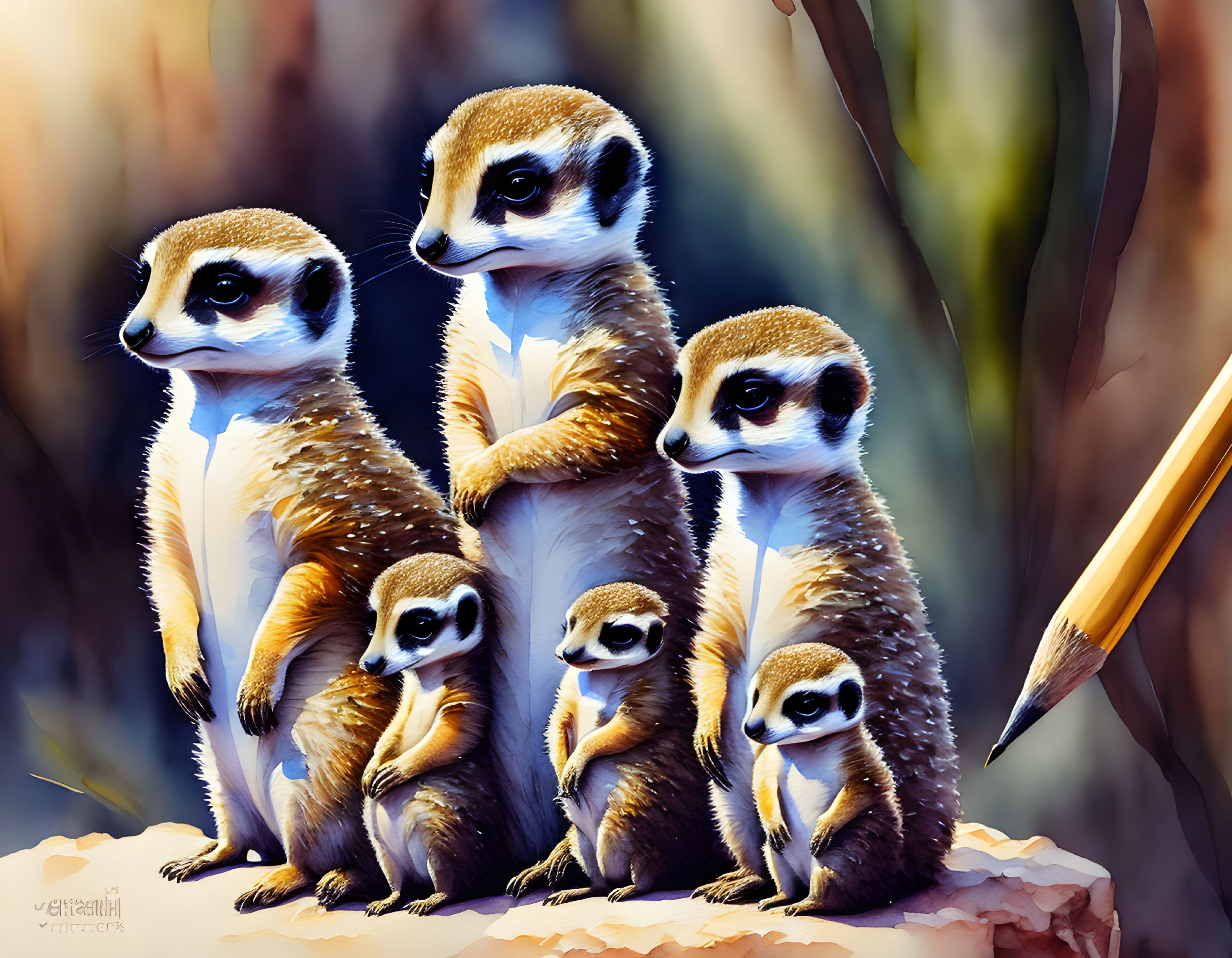 Six Meerkats in Different Poses with Pencil on Natural Background