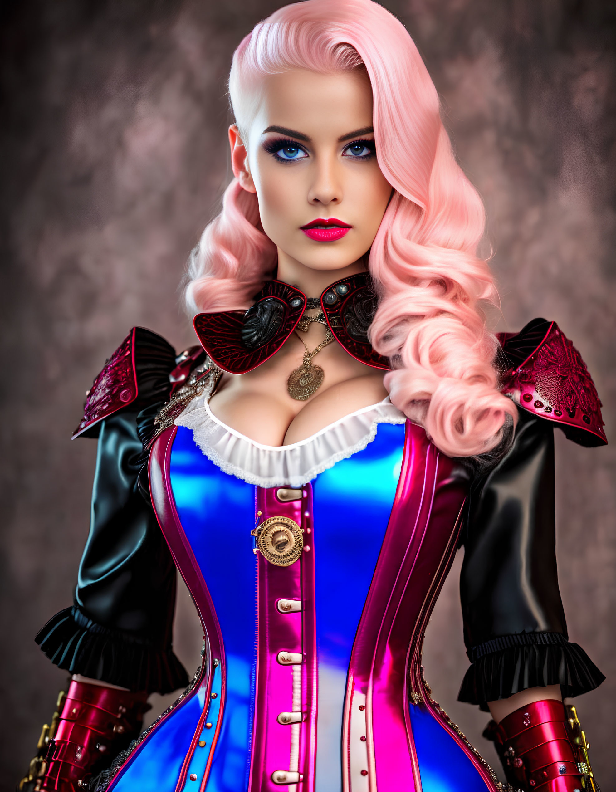 Vibrant pink-haired woman in detailed corset and ruffled collar portrait