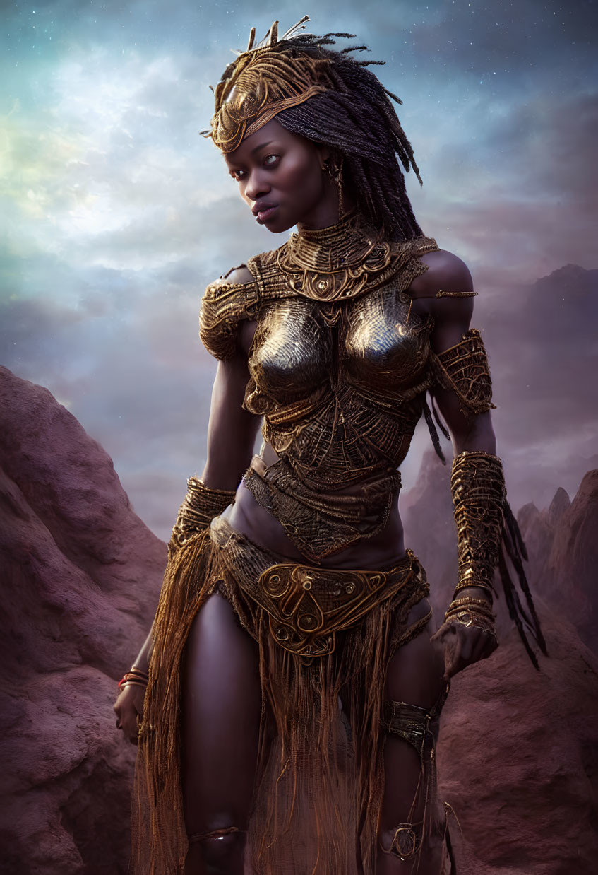 Majestic woman in golden armor and crown against starlit sky