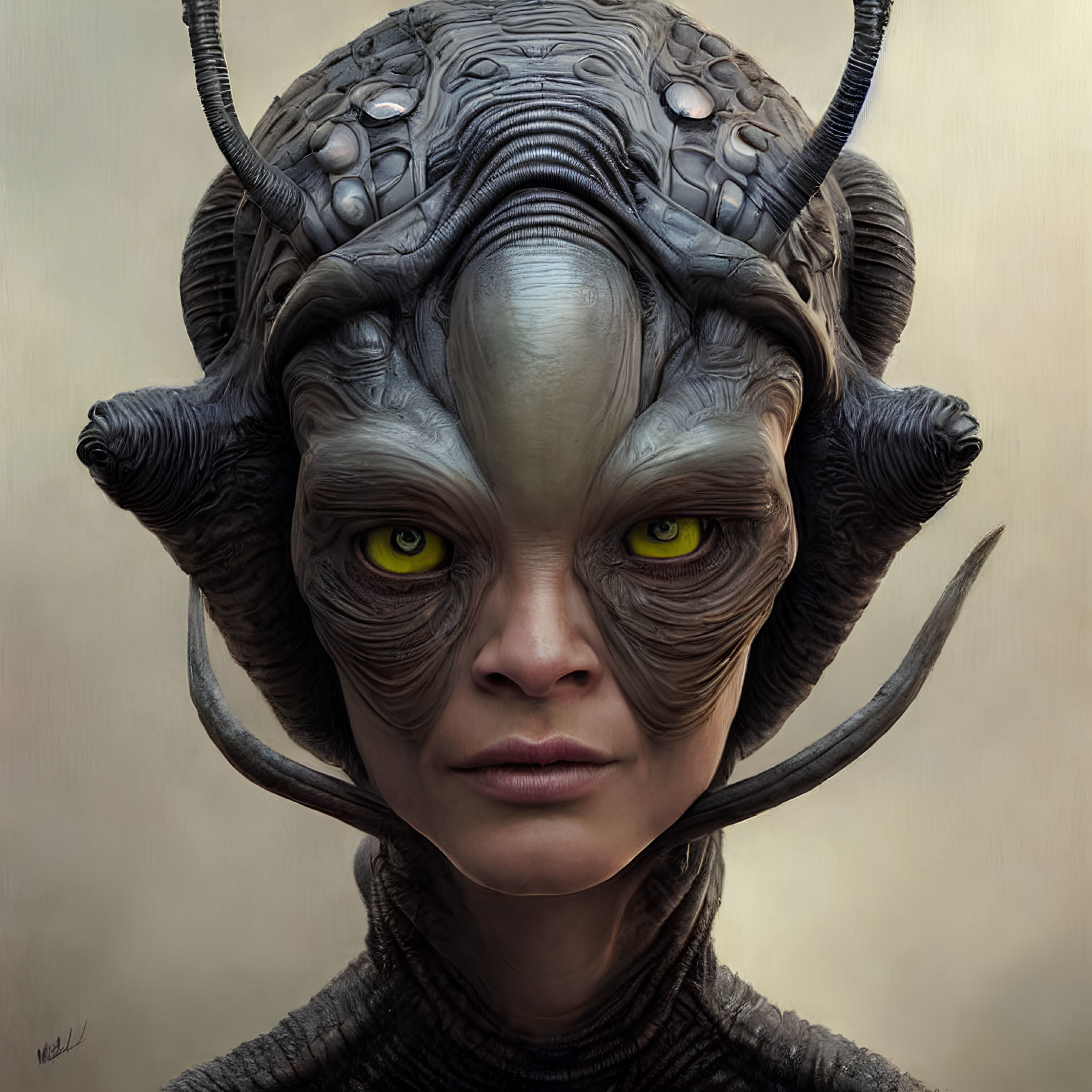 Detailed Digital Portrait of Alien Being with Large Yellow Eyes, Ornate Horns, and Textured Skin