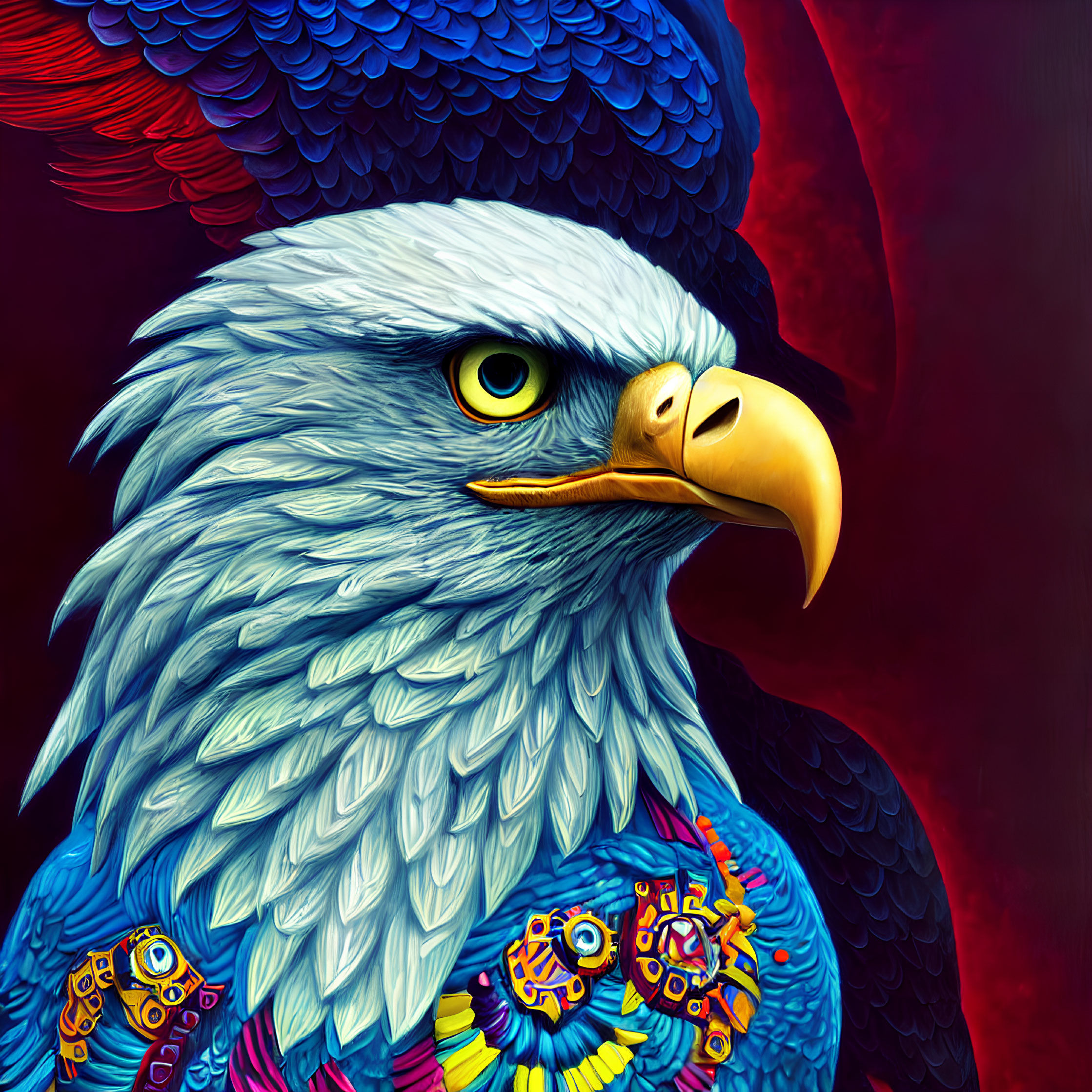 Detailed digital artwork: Eagle with intricate feather patterns on crimson background