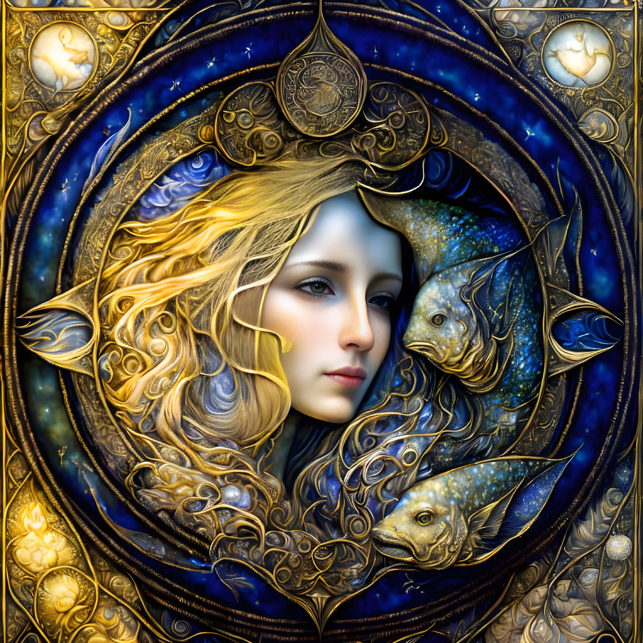 Fantasy-themed illustration of woman's face with celestial creatures in circular frame