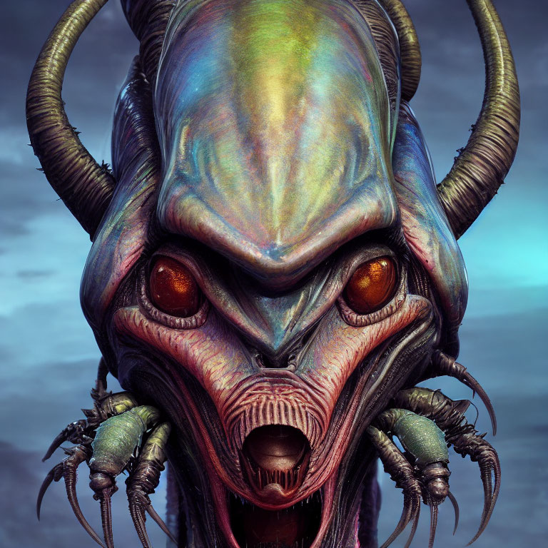 Iridescent Creature with Large Horns and Red Eyes Against Moody Sky