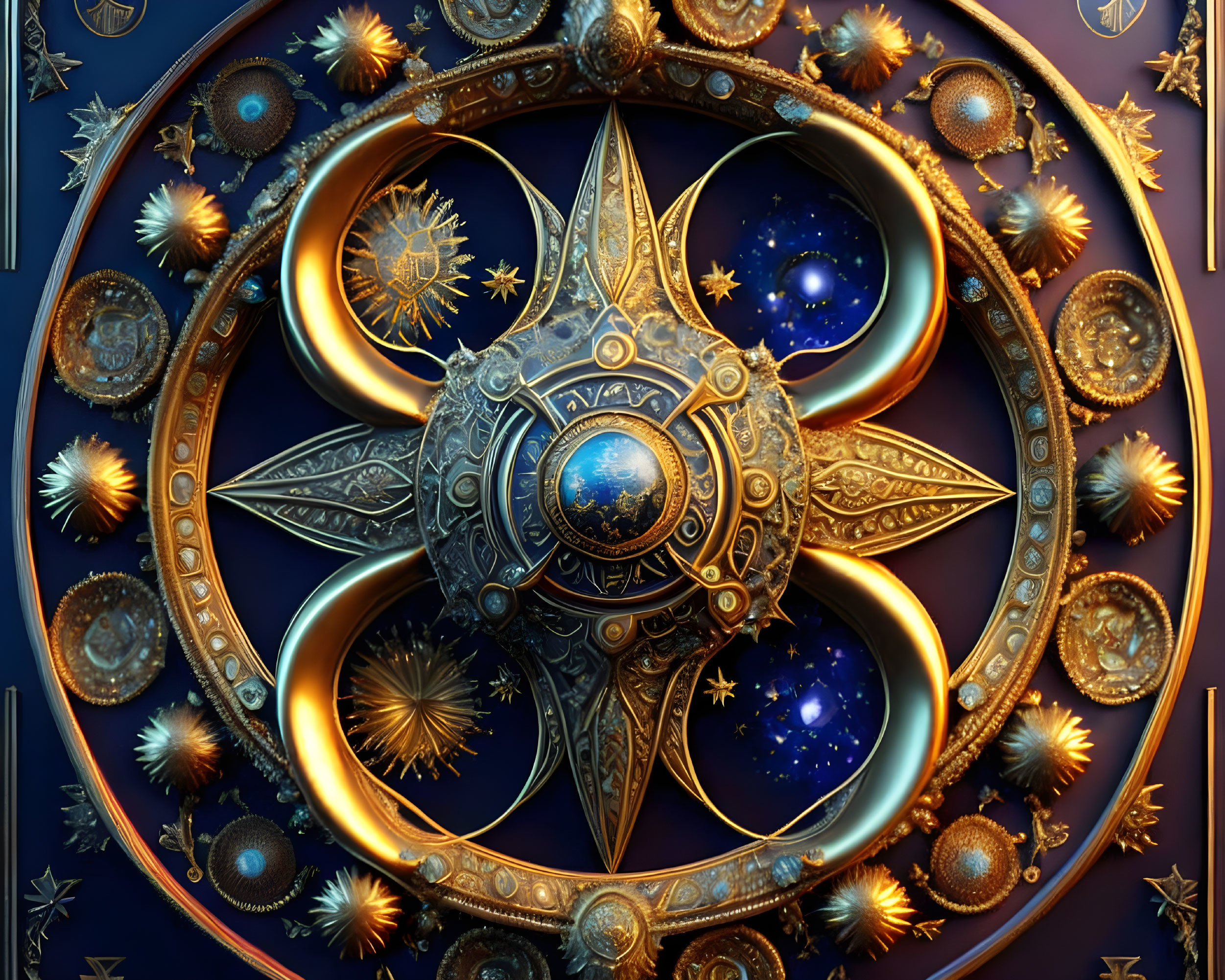 Intricate Golden Gear Astronomical Clock on Starry Blue Background