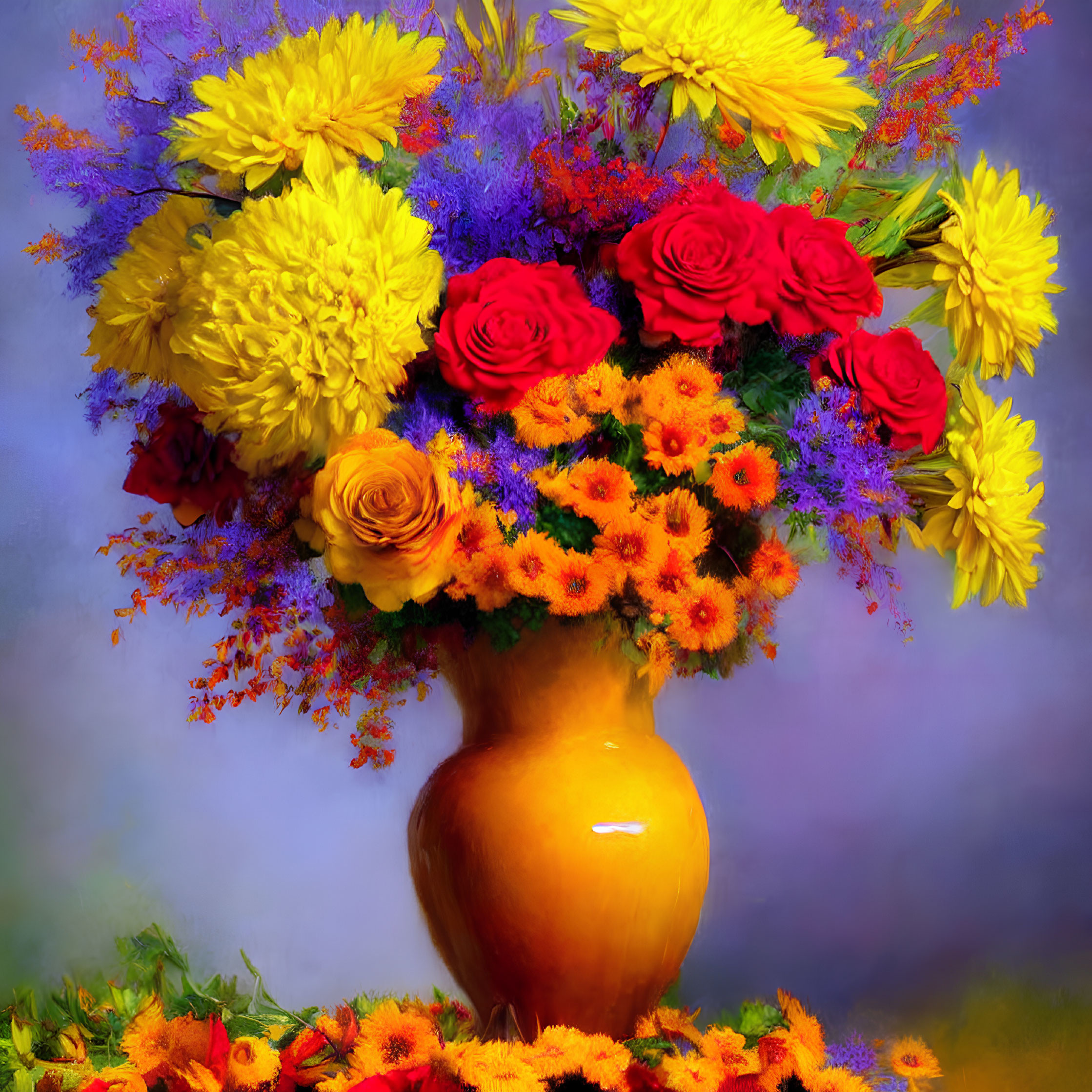 Colorful Flower Bouquet in Amber Vase on Purple Background