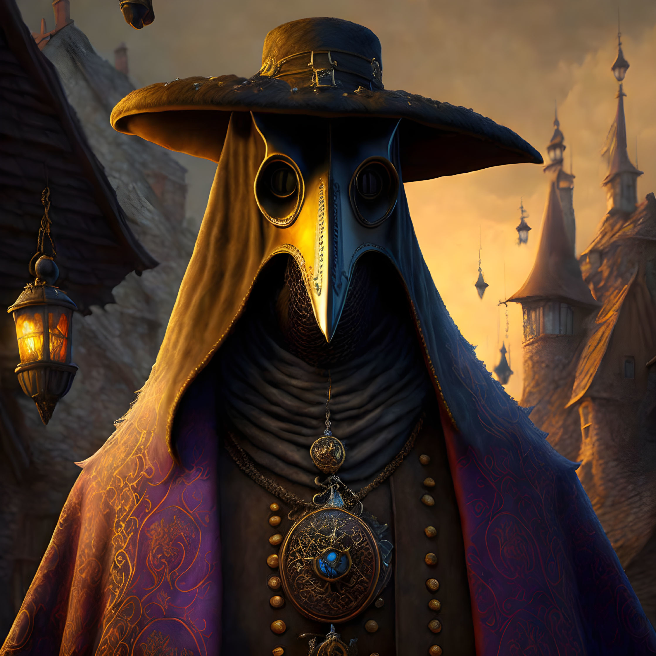 Detailed Artwork: Character in Plague Doctor Mask with Ornate Cloak & Medieval Setting