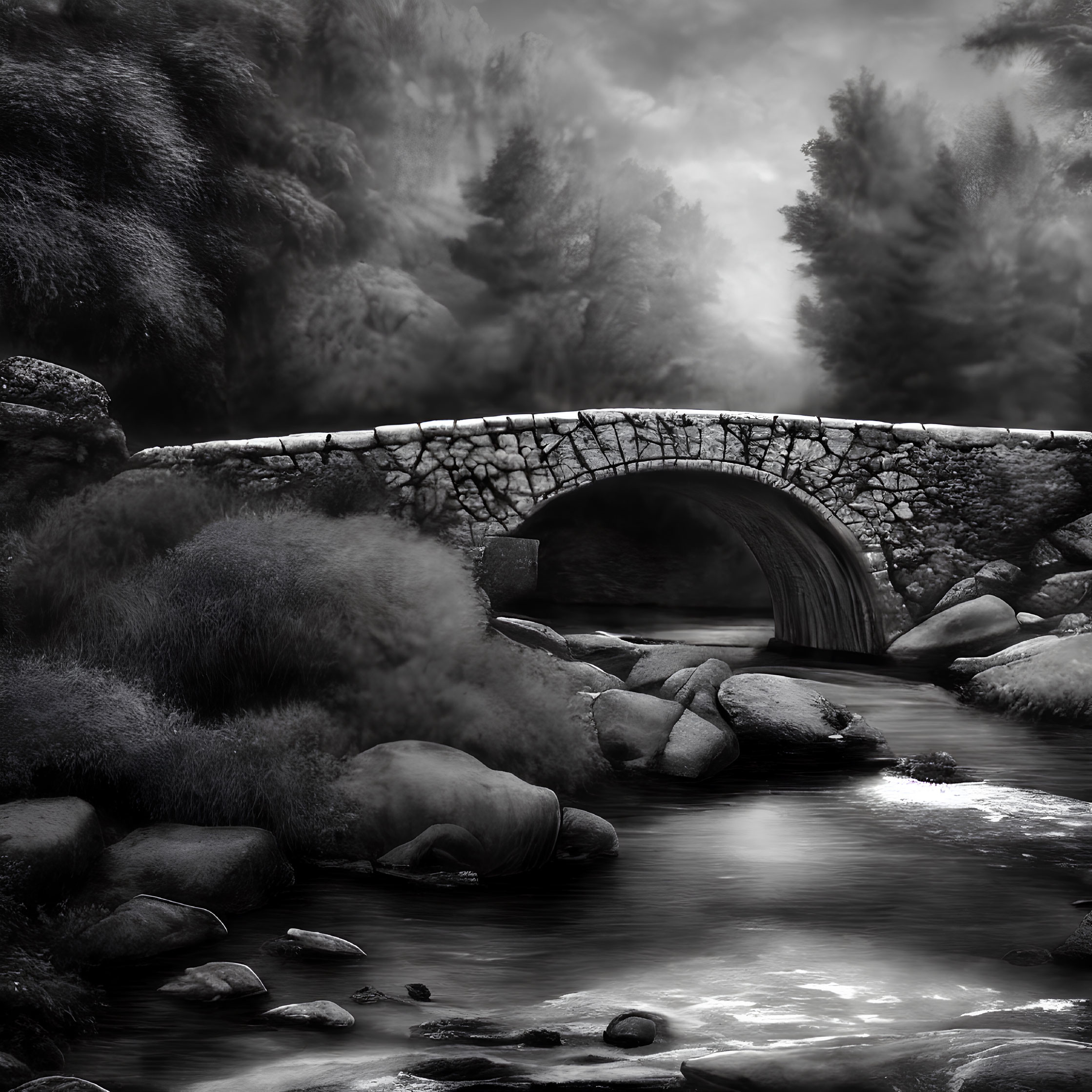 Monochrome photo of stream under stone arch bridge in misty woods
