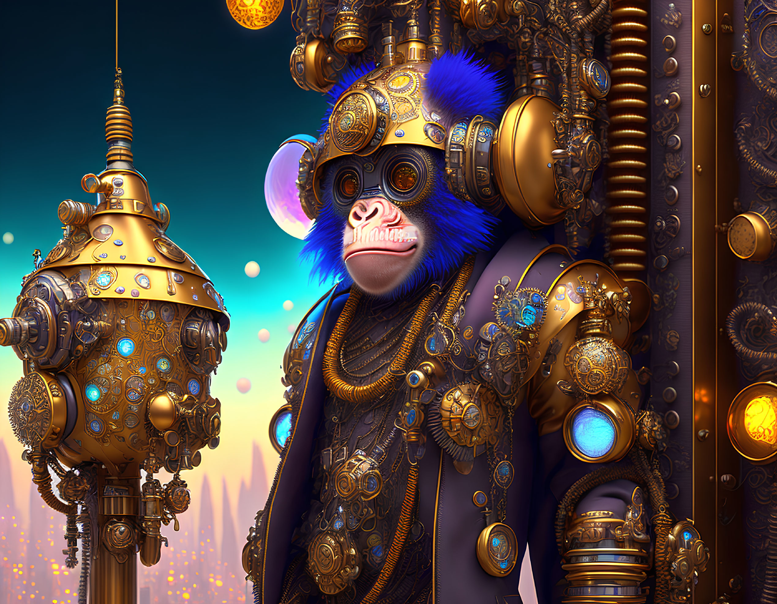 Steampunk-themed digital artwork with monkey-like figure and intricate mechanical armor