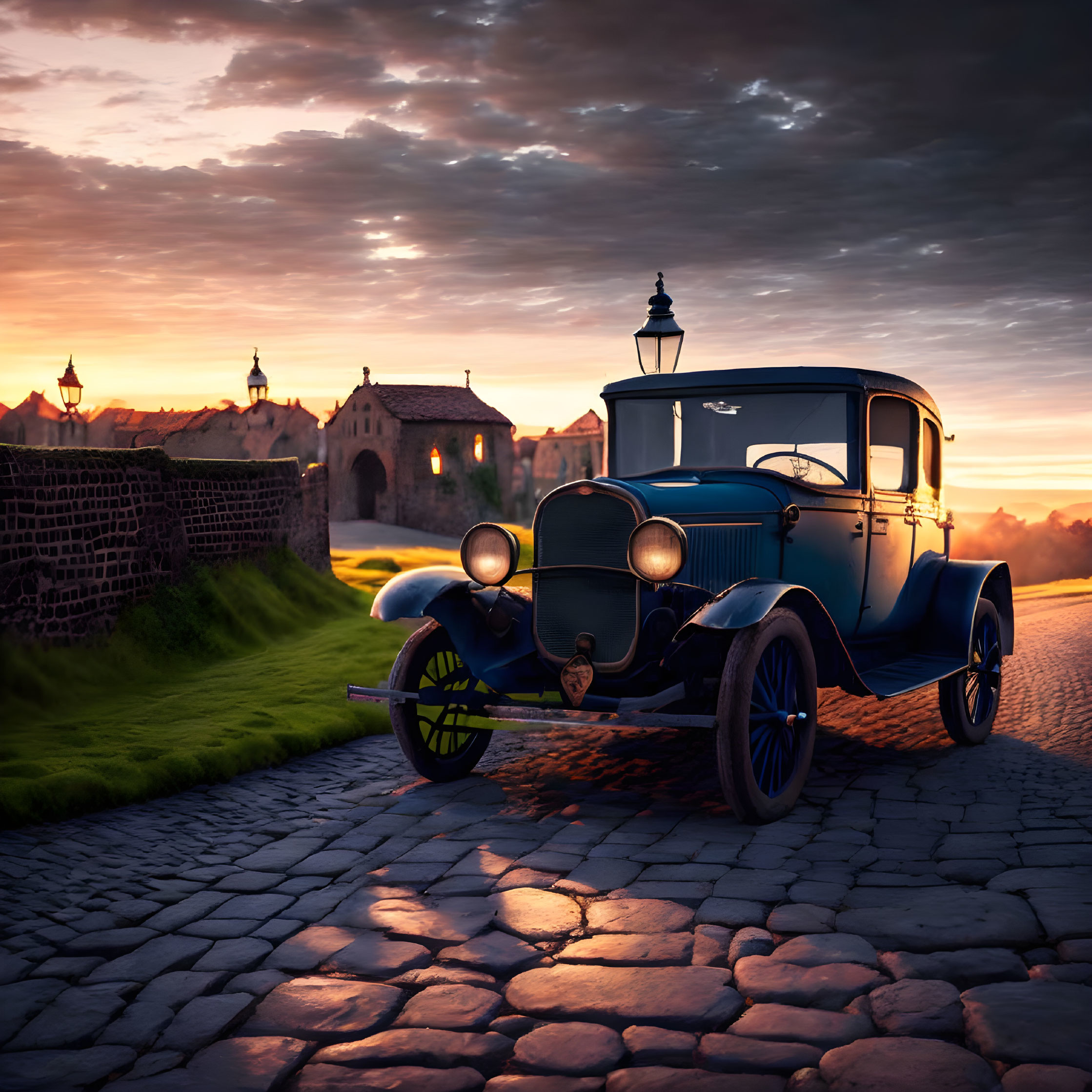 Classic Blue Car Parked on Cobblestone Road at Dusk