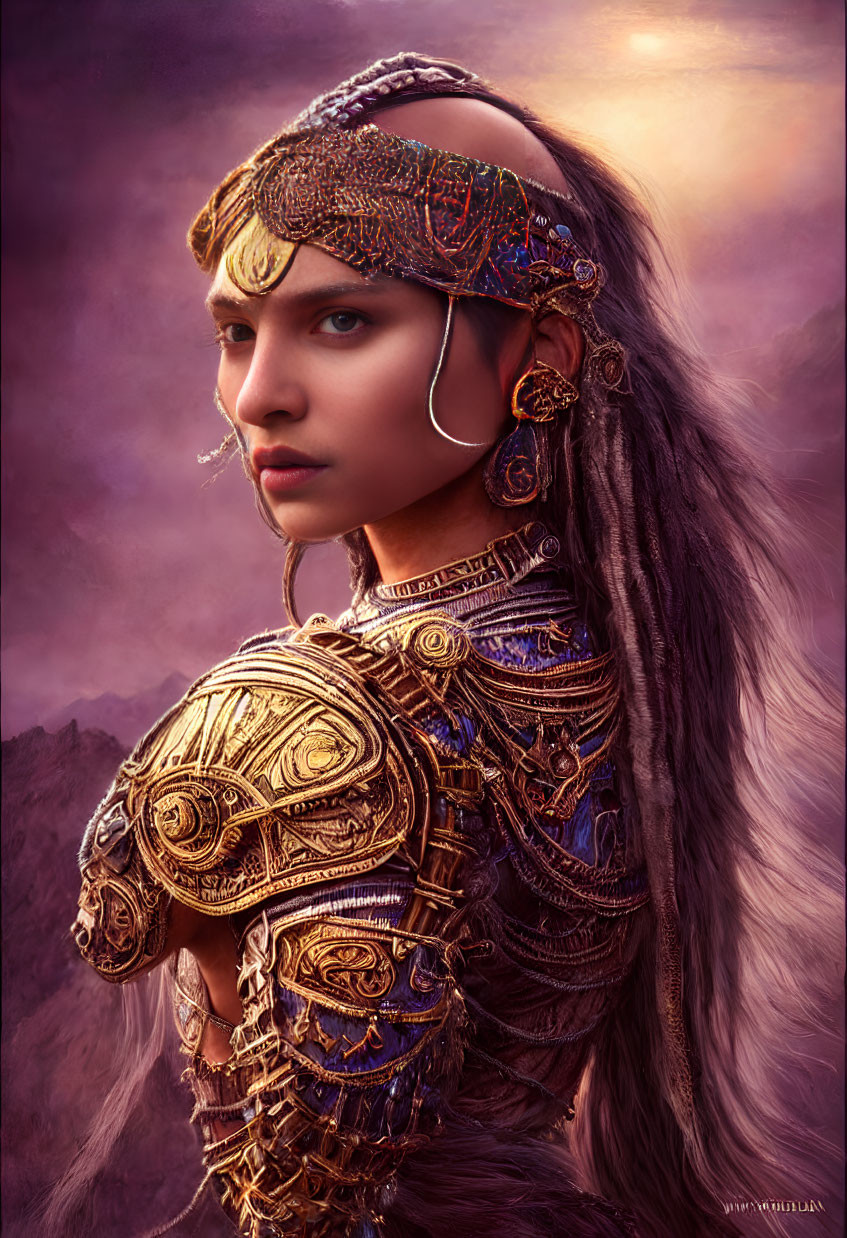 Detailed headpiece and golden shoulder armor on woman against mountainous backdrop