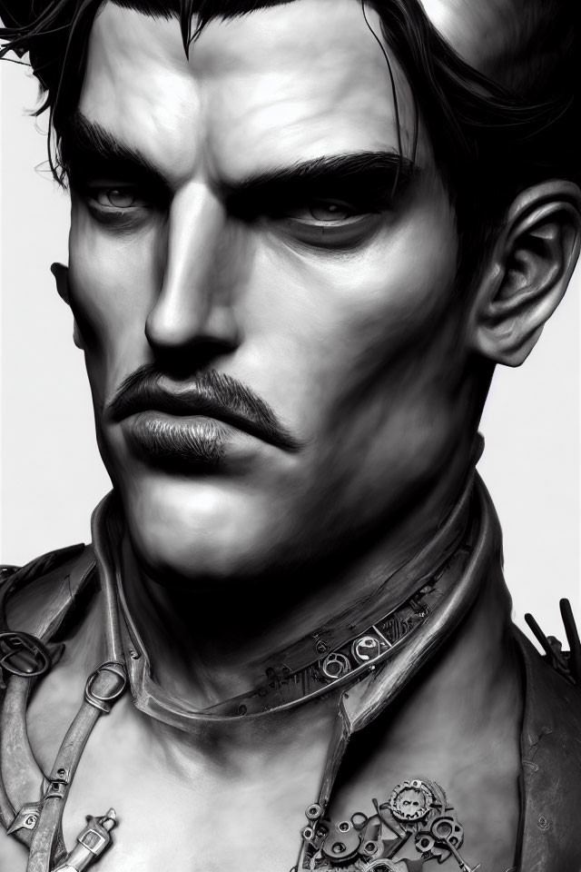 Monochromatic digital art of stern-faced man with prominent cheekbones and mechanical collar.