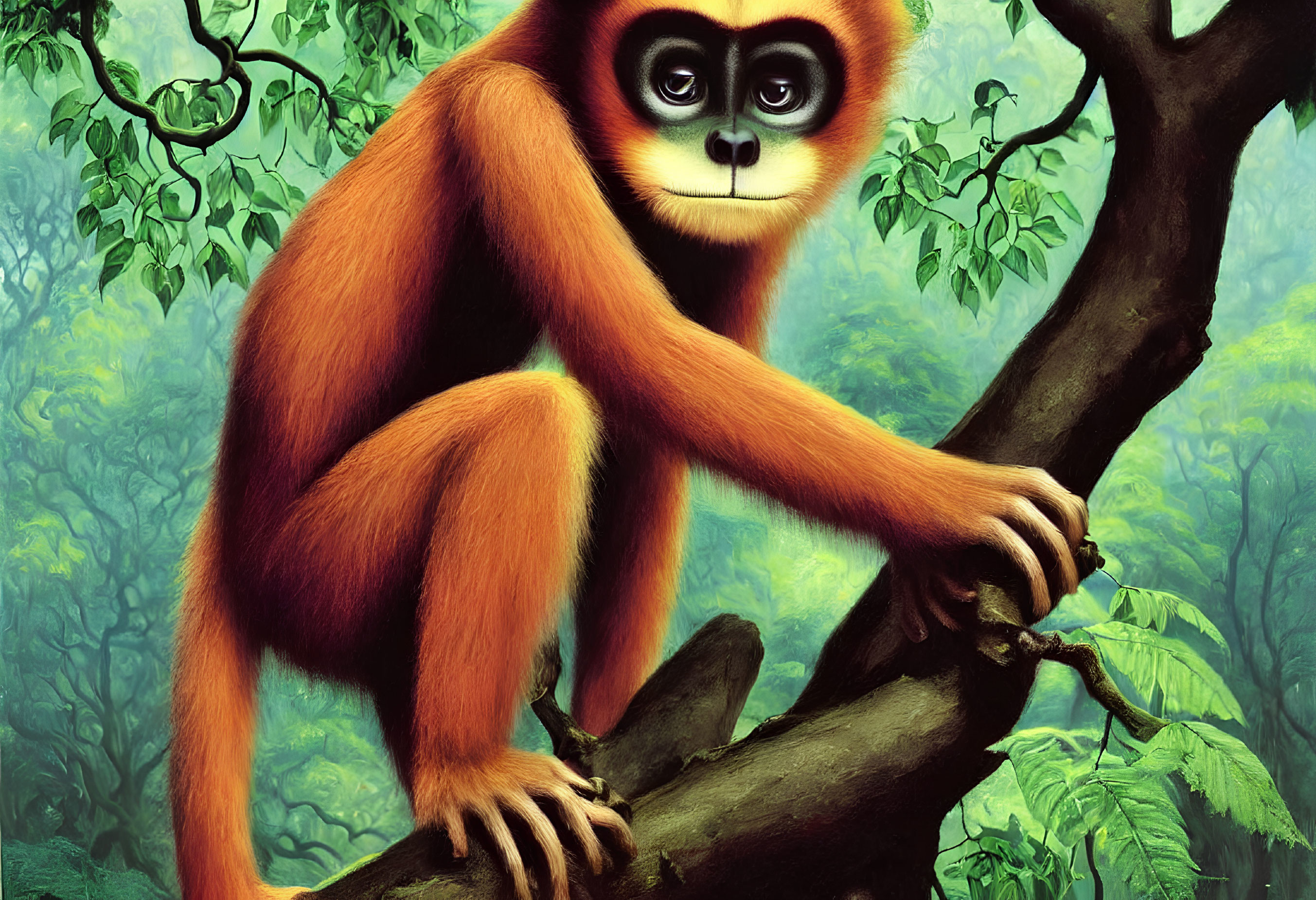 Illustration of expressive-eyed orange monkey on tree branch in green forest