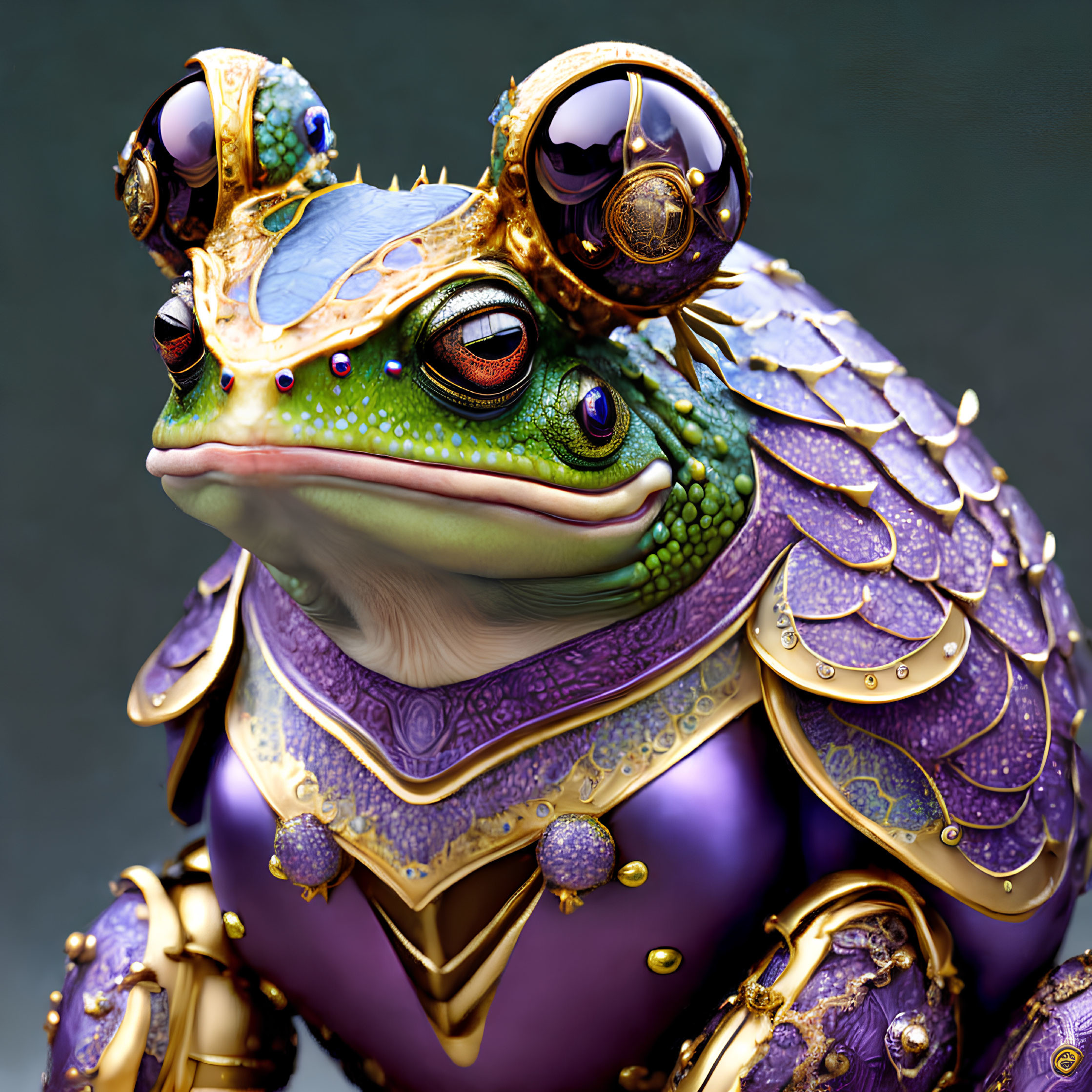 Detailed Stylized Frog in Regal Purple Armor with Gold Trim