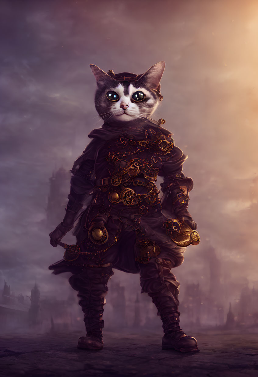 Fantasy Artwork: Cat in Medieval Armor at Dusk
