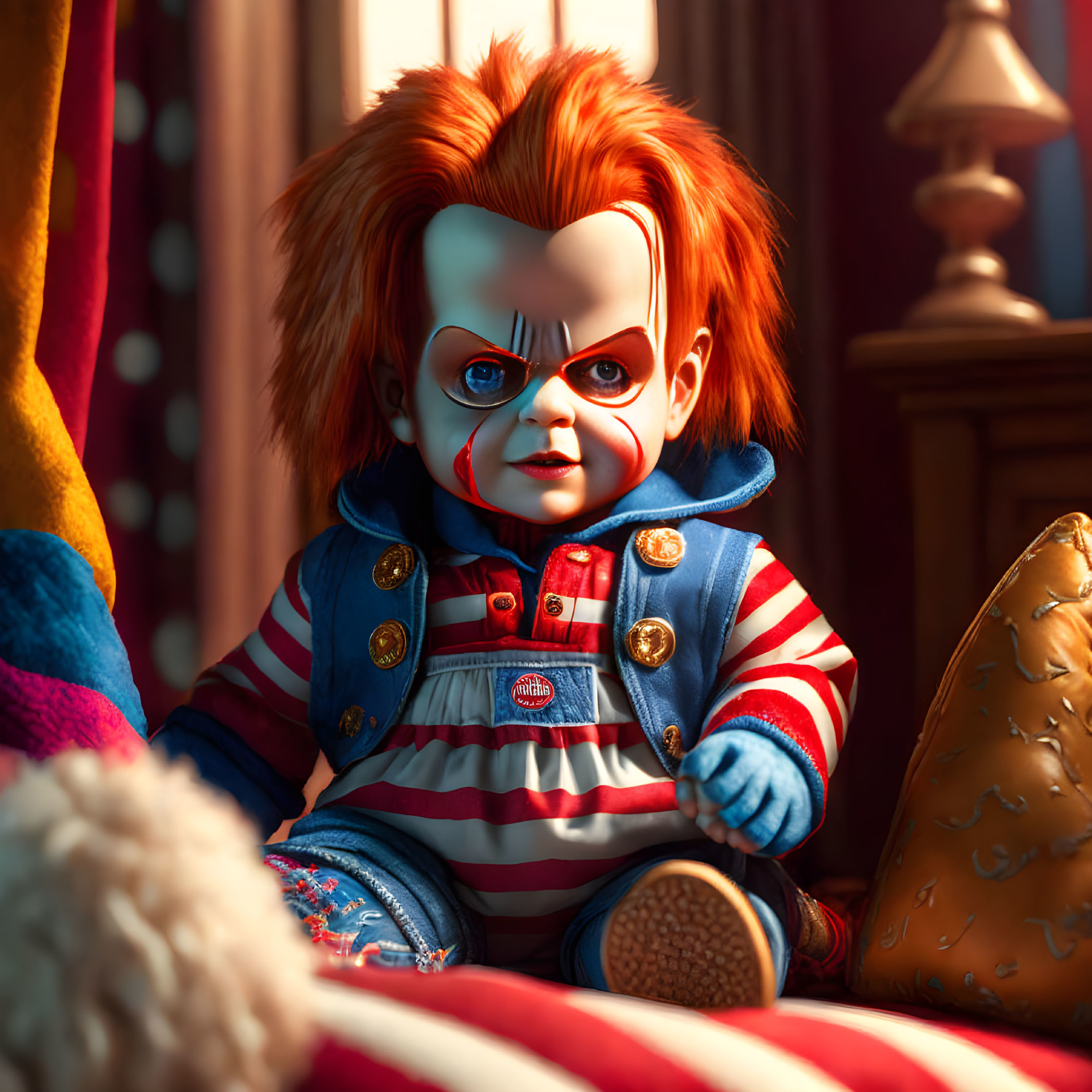 Detailed Chucky Doll Artwork on Colorful Couch