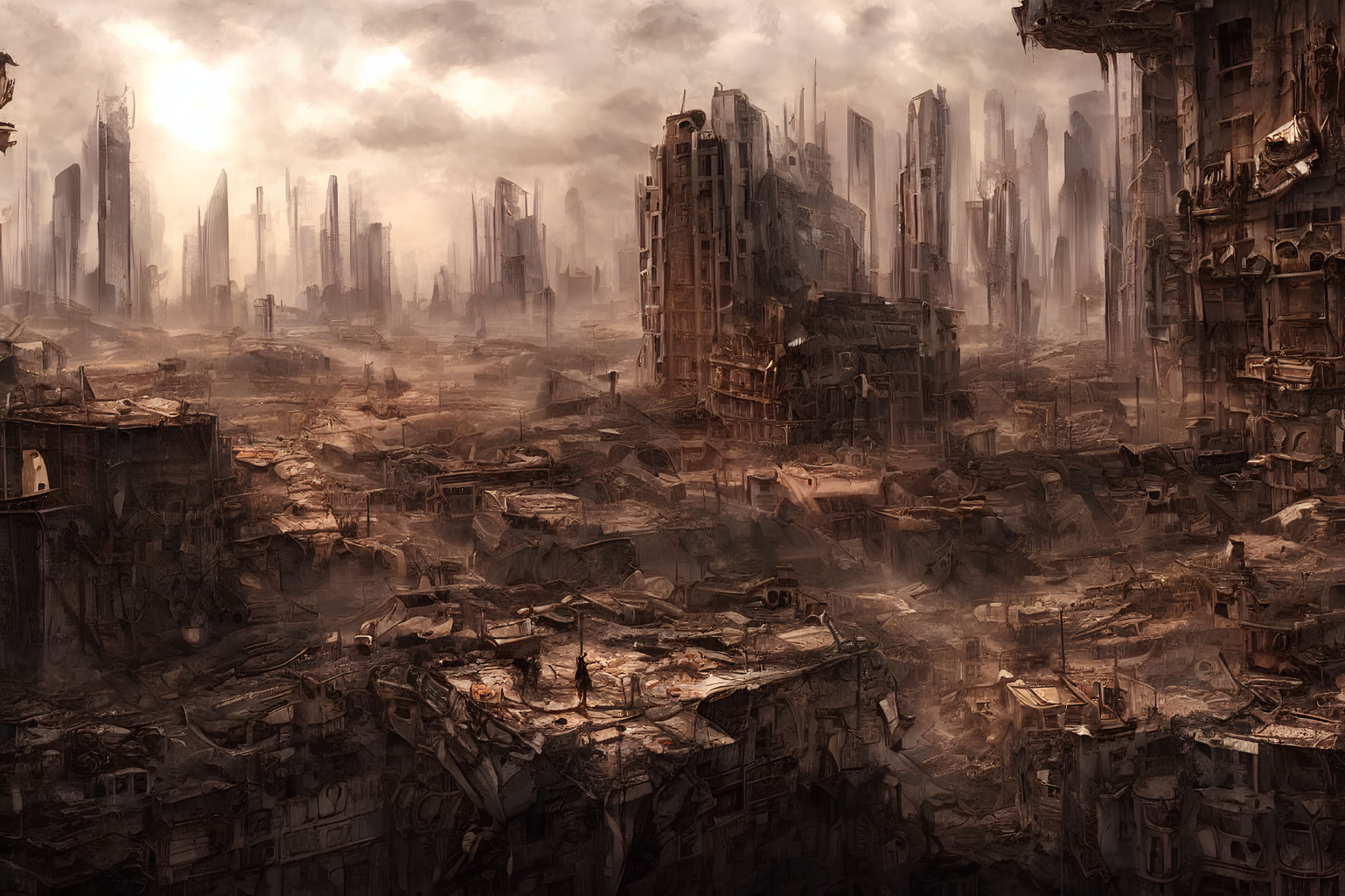 Dystopian cityscape with crumbling buildings in vast wasteland