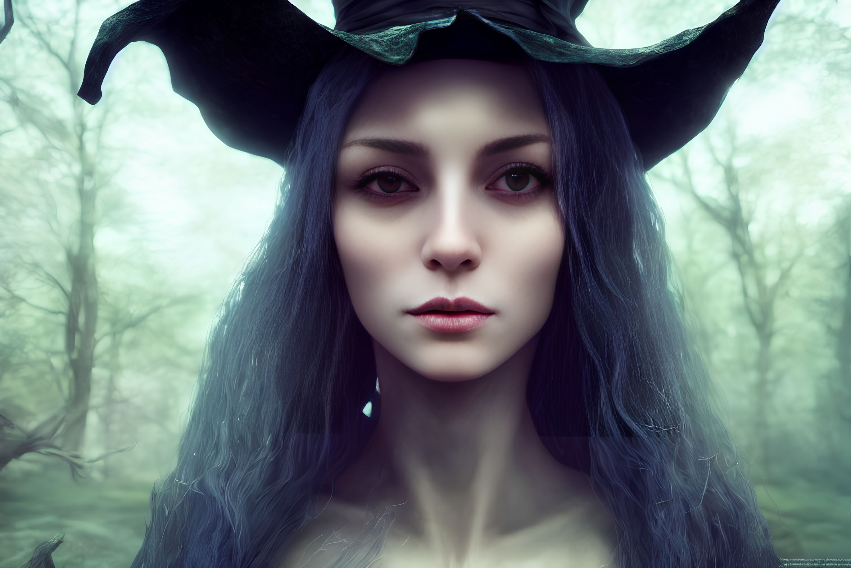 Portrait of woman with blue eyes and horned headdress in misty forest.