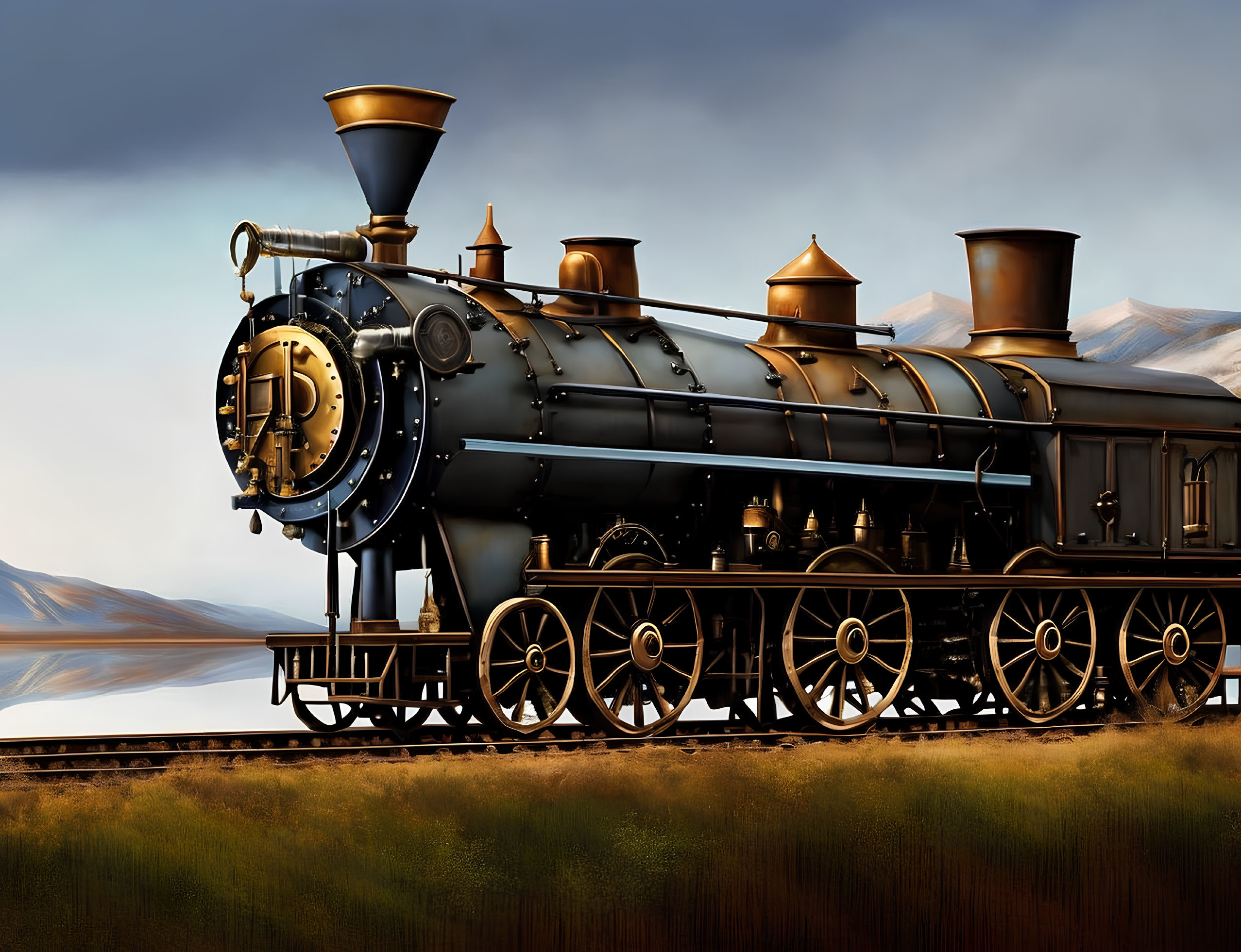 Vintage Black Steam Locomotive with Golden Accents on Railway in Barren Landscape