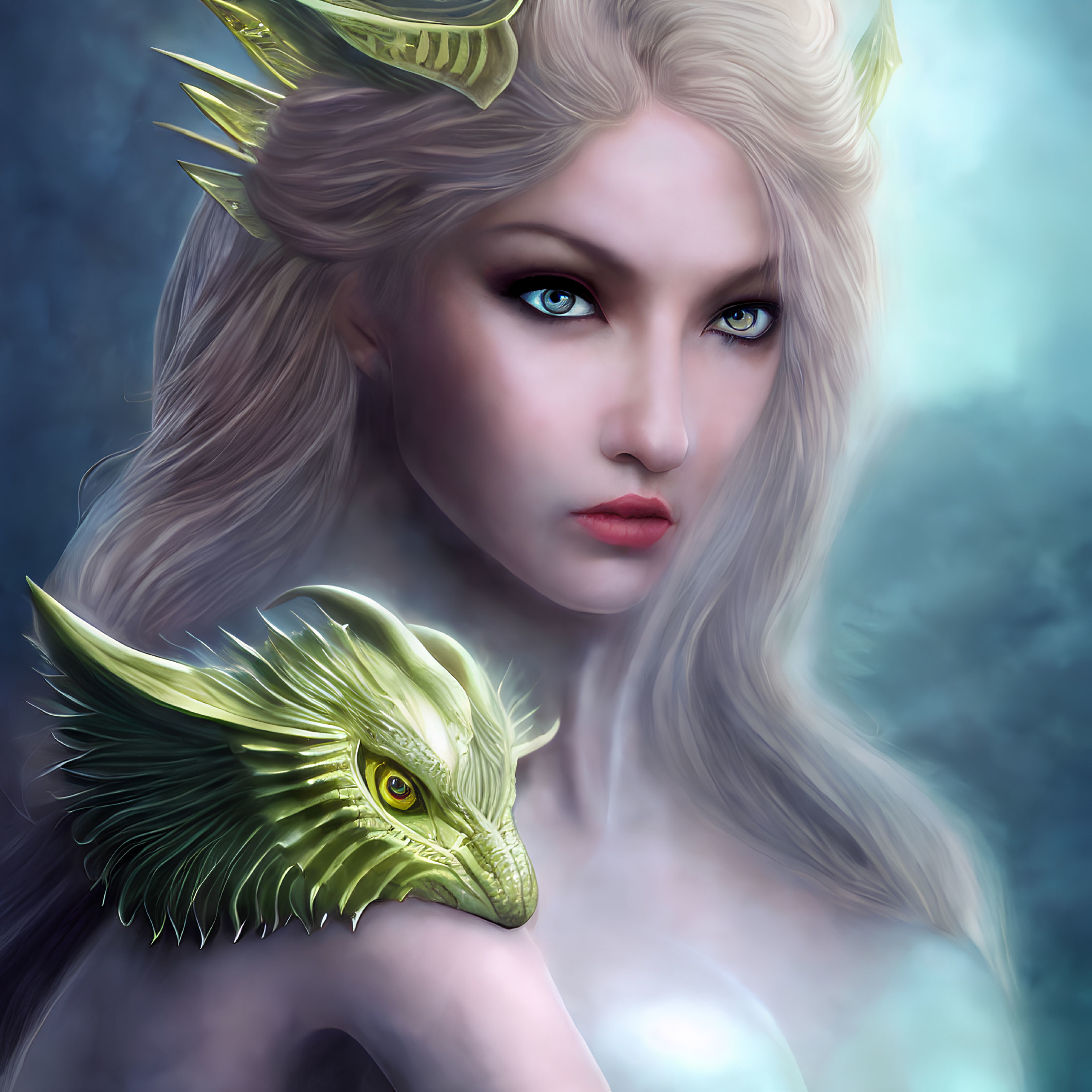 Fantasy illustration of woman with pale skin, icy blue eyes, white hair, golden dragon-like crown
