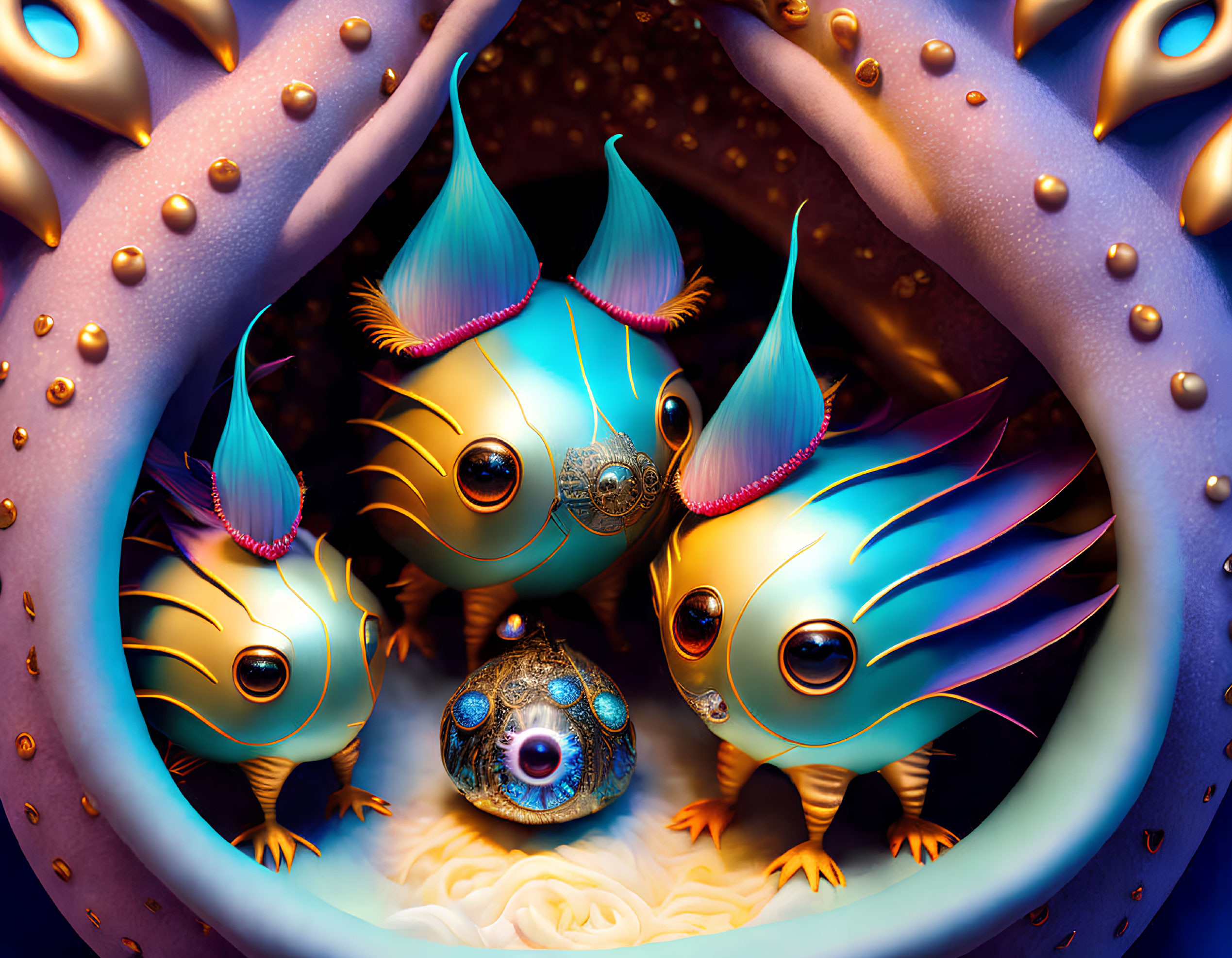 Colorful, ornate creatures in cozy setting with large eyes