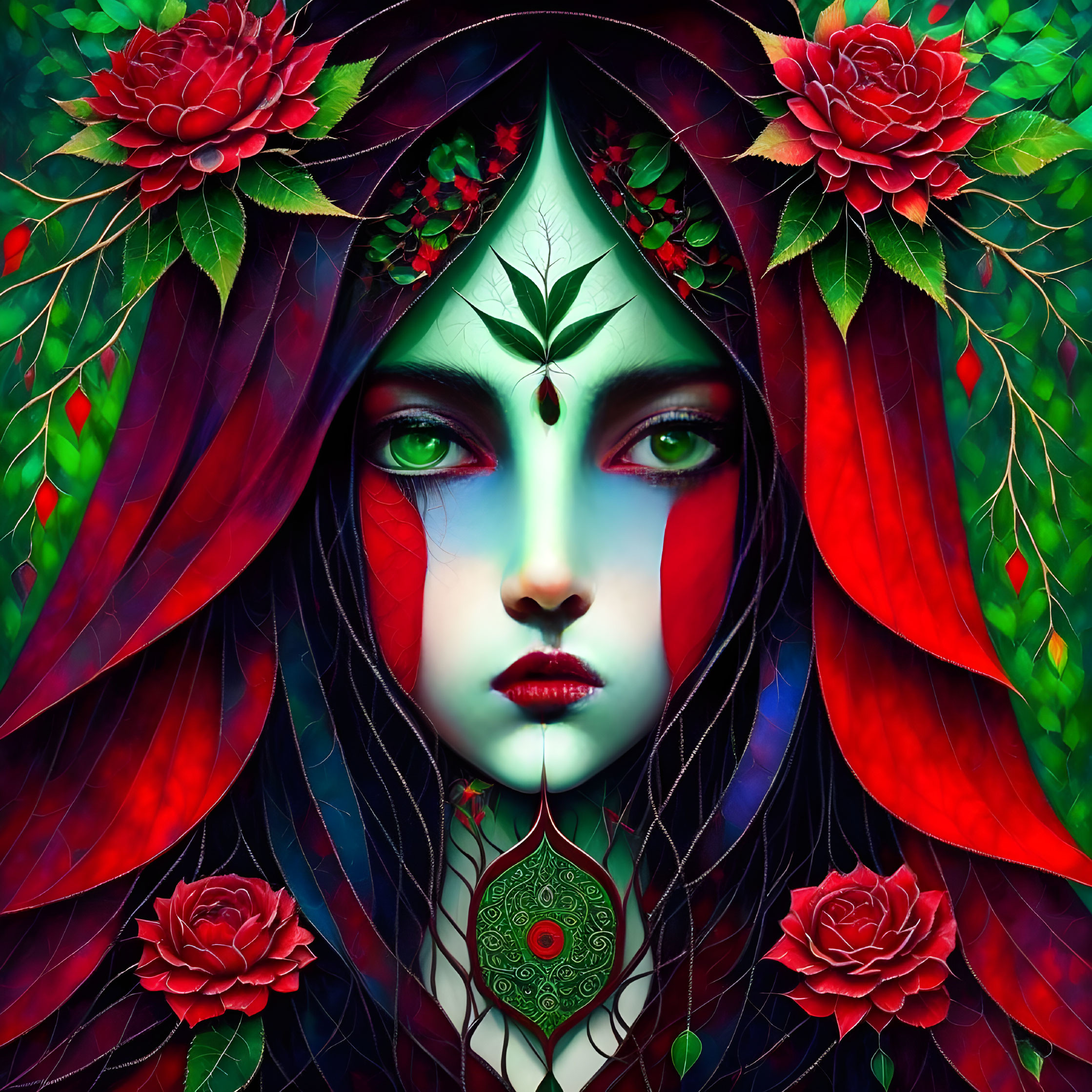 Digital artwork of woman with red hair, leaf patterns, green eyes, and roses - mystical forest theme