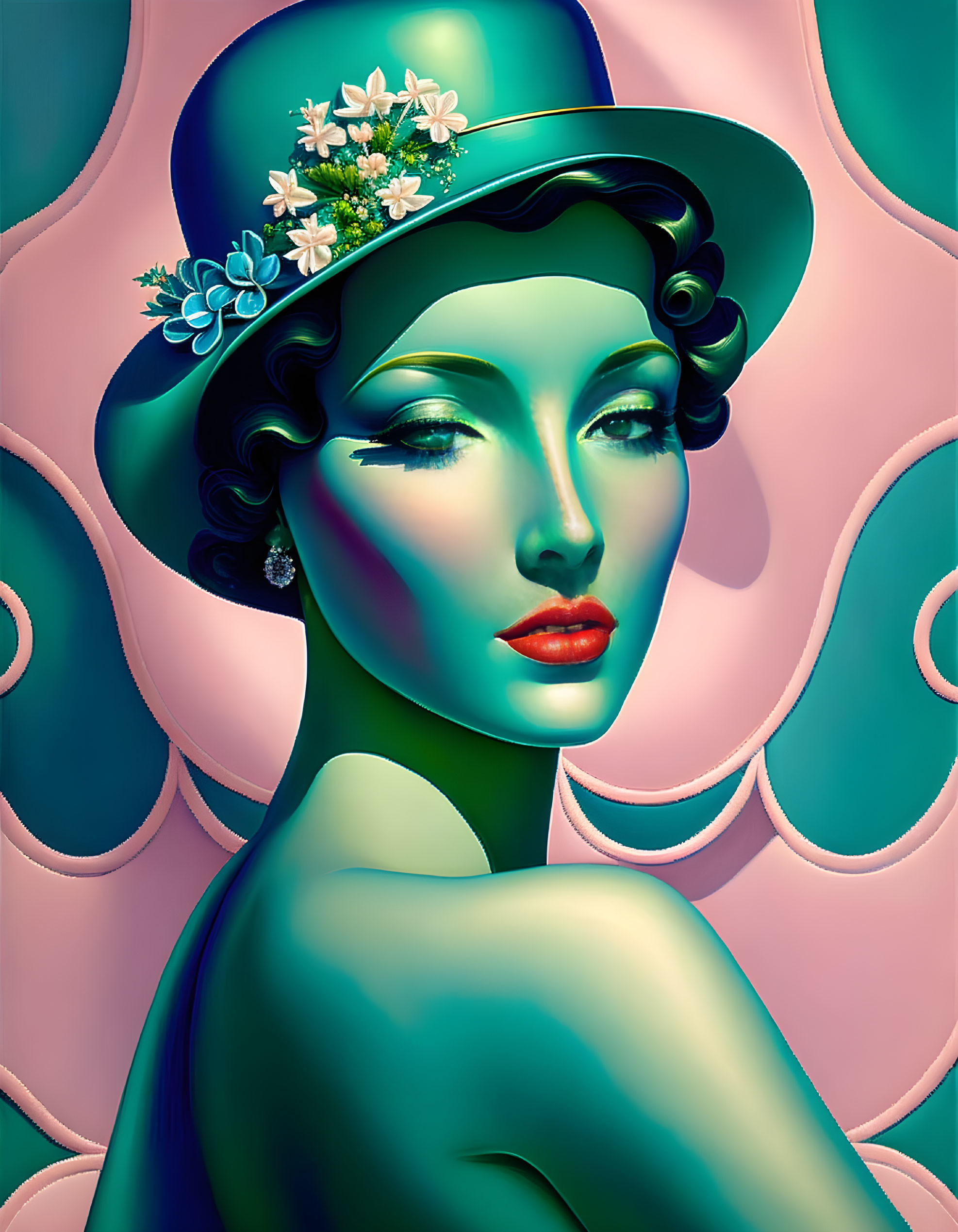 Stylized portrait of woman with green skin and floral hat against pink background