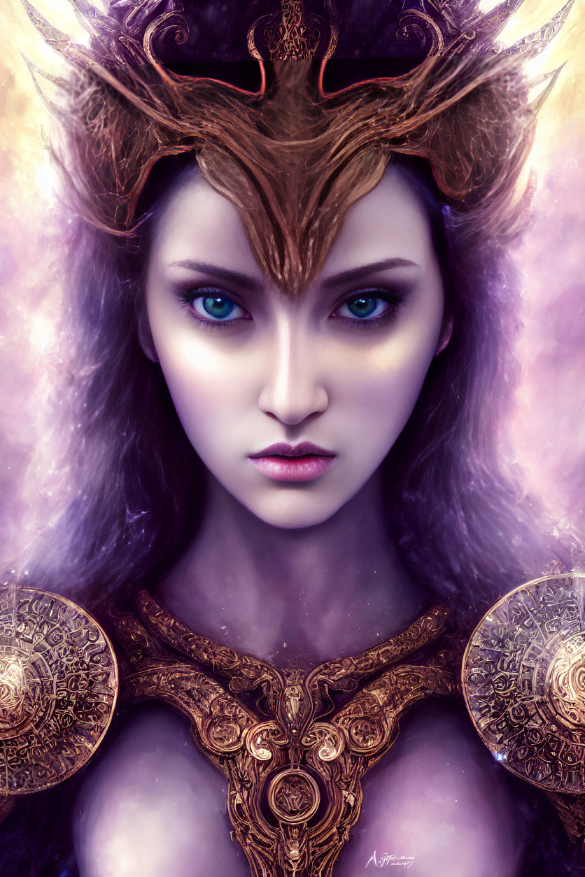 Digital artwork of a woman with mystical aura and ornate antler crown, wearing intricate armor.