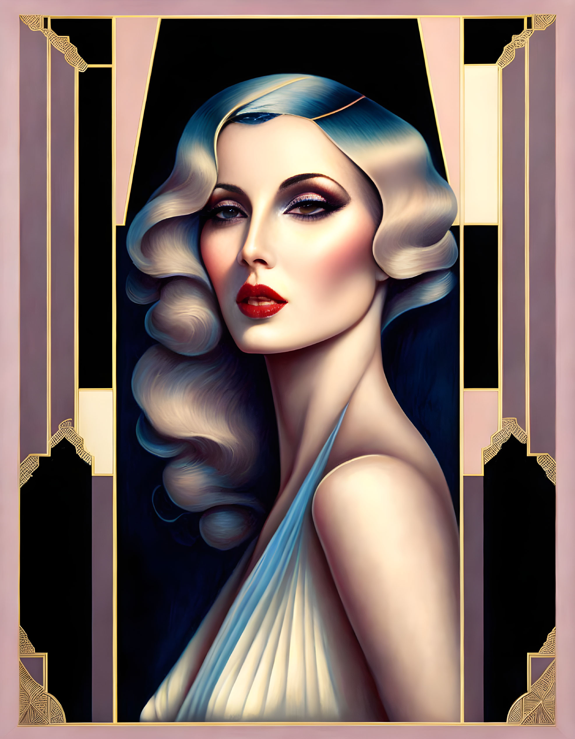 Art Deco Style Illustration of Woman with Blonde Hair and Red Lipstick