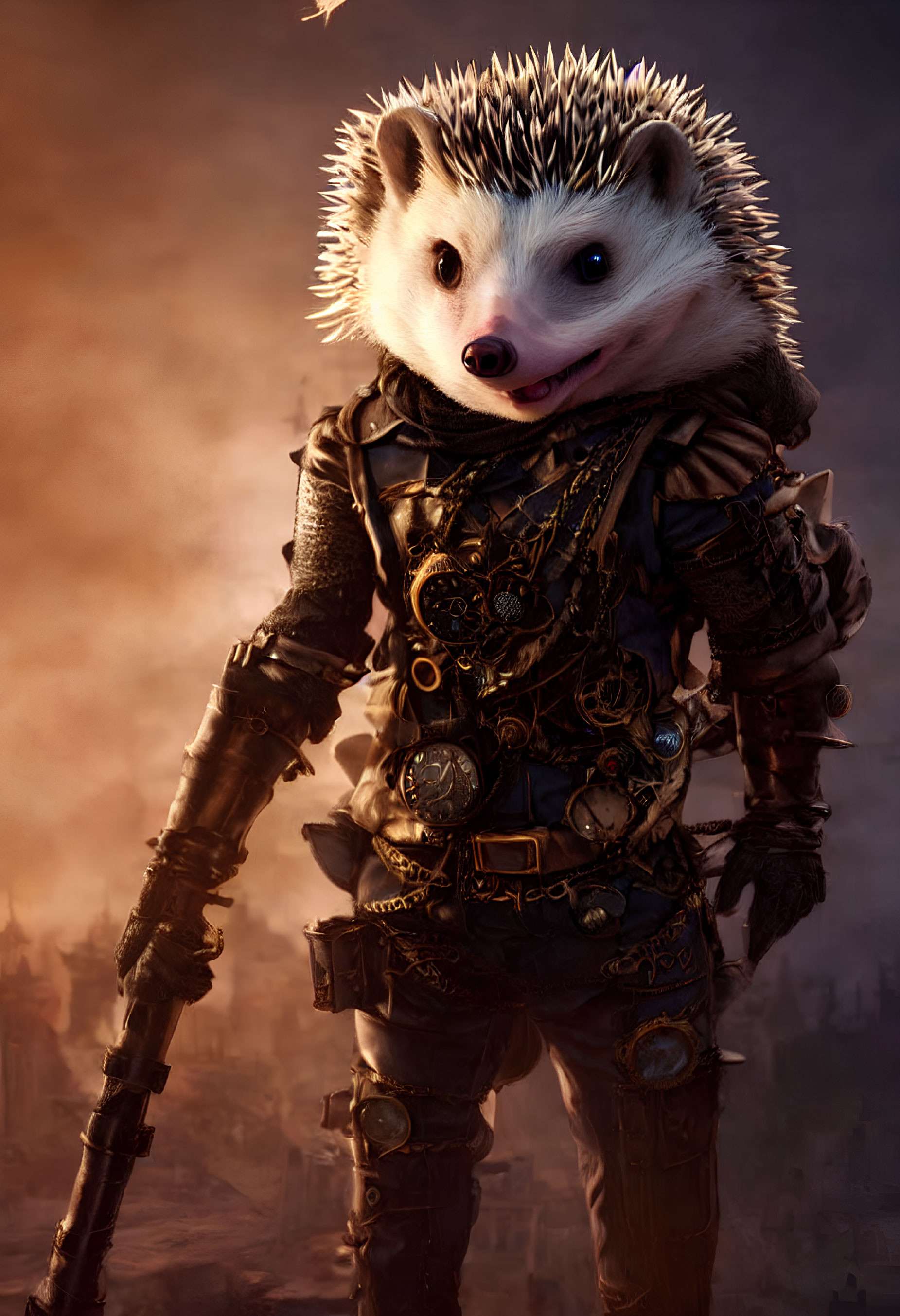 Anthropomorphic hedgehog in medieval armor with staff on cityscape backdrop