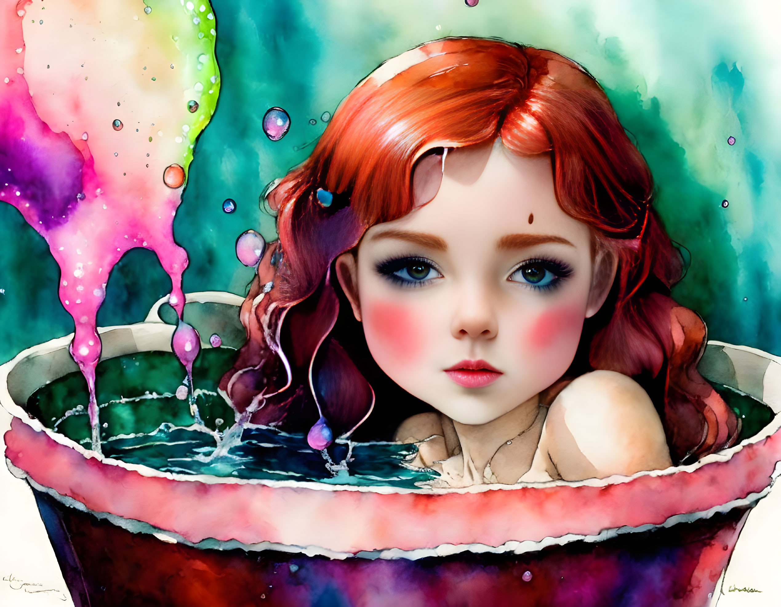 Colorful Illustration: Red-Haired Girl in Bubble Bath