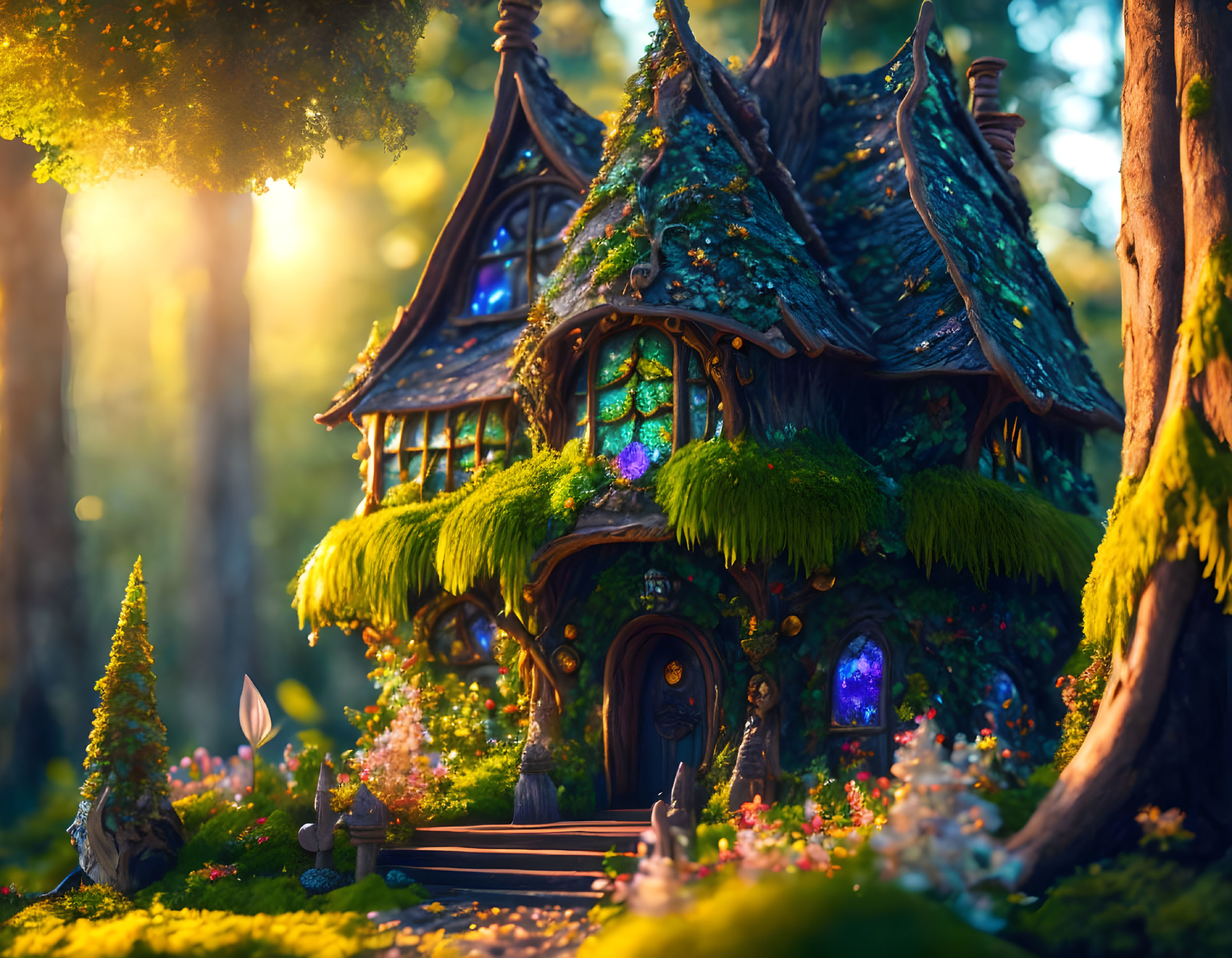 Enchanting forest cottage with mossy roofs and glowing windows nestled in a magical sunlit setting